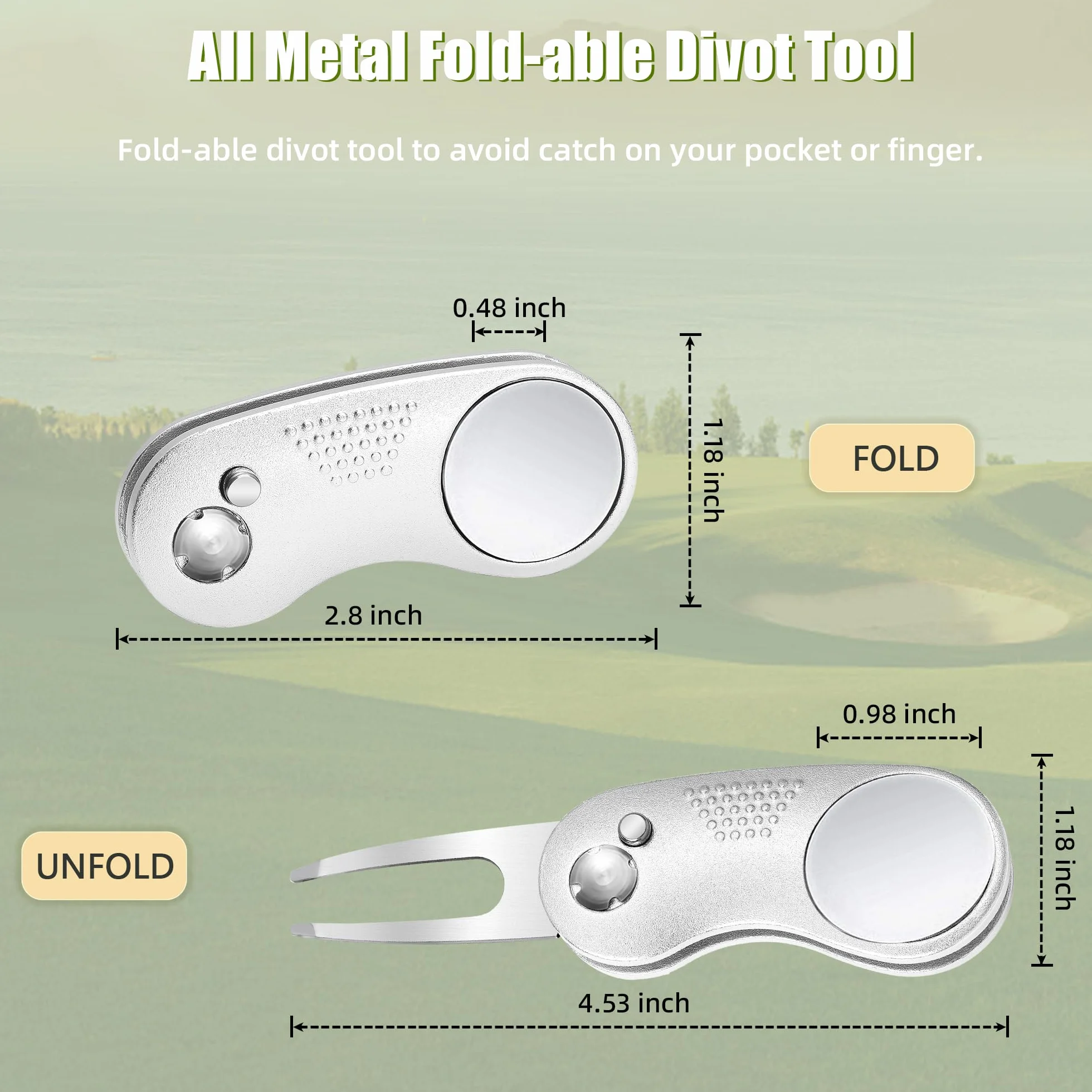 Mile High Life Metalowe składane narzędzie golfowe Divot z wyskakującym przyciskiem i magnetycznym znacznikiem kulkowym (wiele kolorów/kształtów)