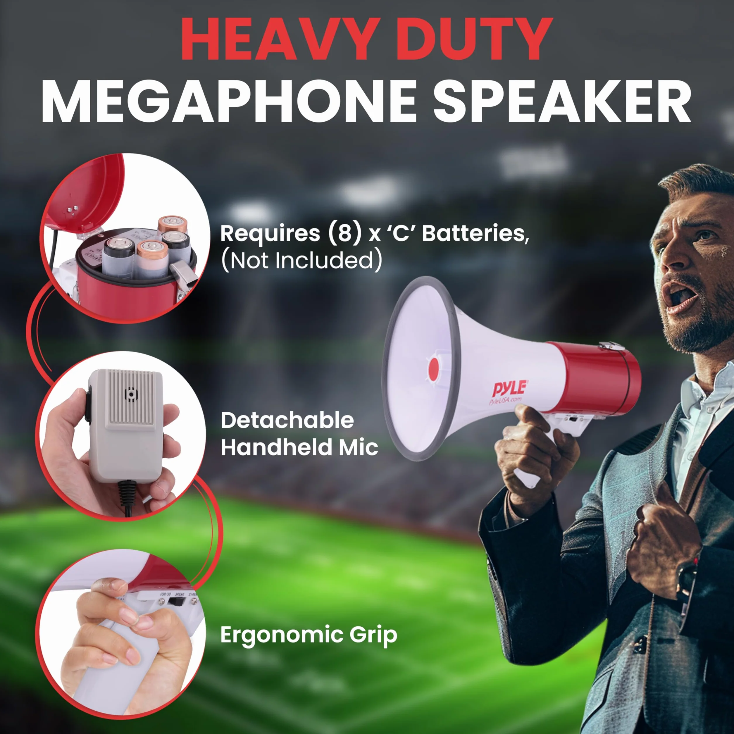 Portable Megaphone Speaker PA Bullhorn - Built-in Siren, 50W Adjustable Volume Control & 1200 Yard Range - Ideal for Any Outdoor Sports, Cheerleading Fans & Coaches or for Safety Drills - Pyle PMP52BT