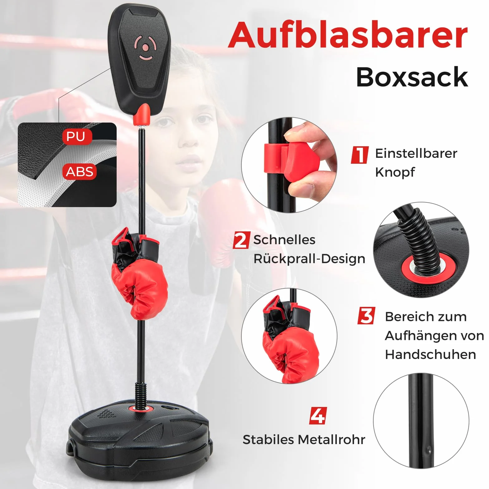 COSTWAY Stojący worek bokserski dla dzieci, trening bokserski 95-126 cm, z regulacją wysokości, zestaw zawiera rękawice bokserskie, boks Speedball dla chłopców i dziewczynek od 5 lat