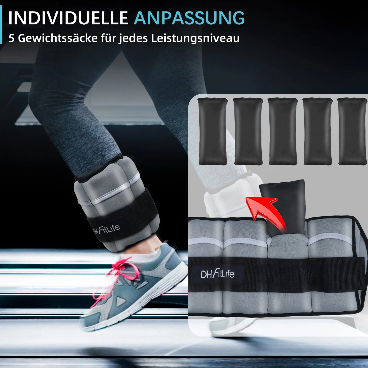 DH FitLife 2-częściowy zestaw obciążników na kostki z regulowanymi obciążnikami na nogi i ramiona | 2 warianty 2 x 2,5 kg i 2 x 4,5 kg | obciążniki na kostki do treningu siłowego