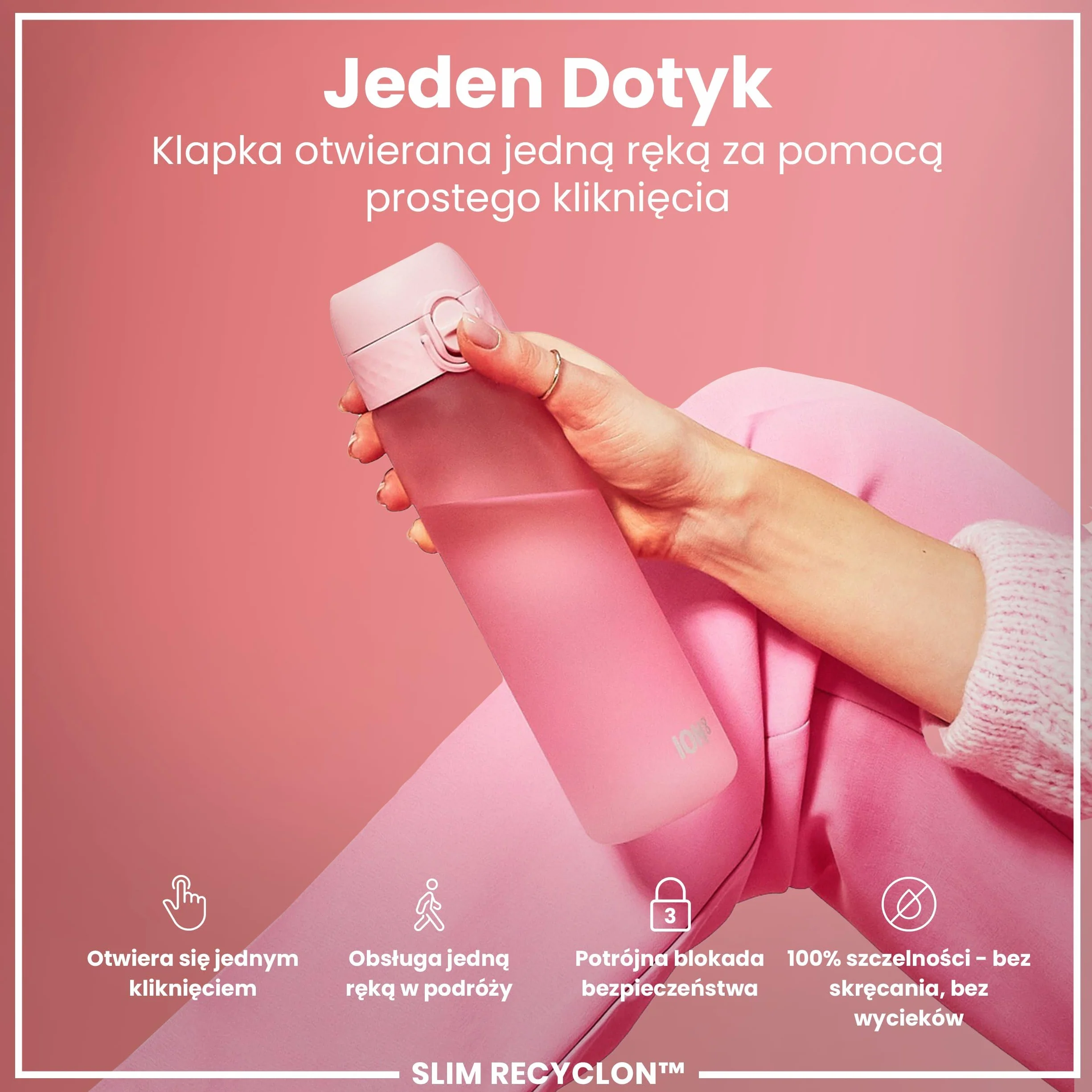ION8 Butelka na Wodę, 500 ml/18 oz, Szczelna, Łatwe Otwieranie, Bezpieczny Zamek, Można Myć w Zmywarce, Bez BPA, Higieniczne Pokrycie, Uchwyt do Przenoszenia, Łatwa Czyszczenie, Bezwonny, Jasny Róż