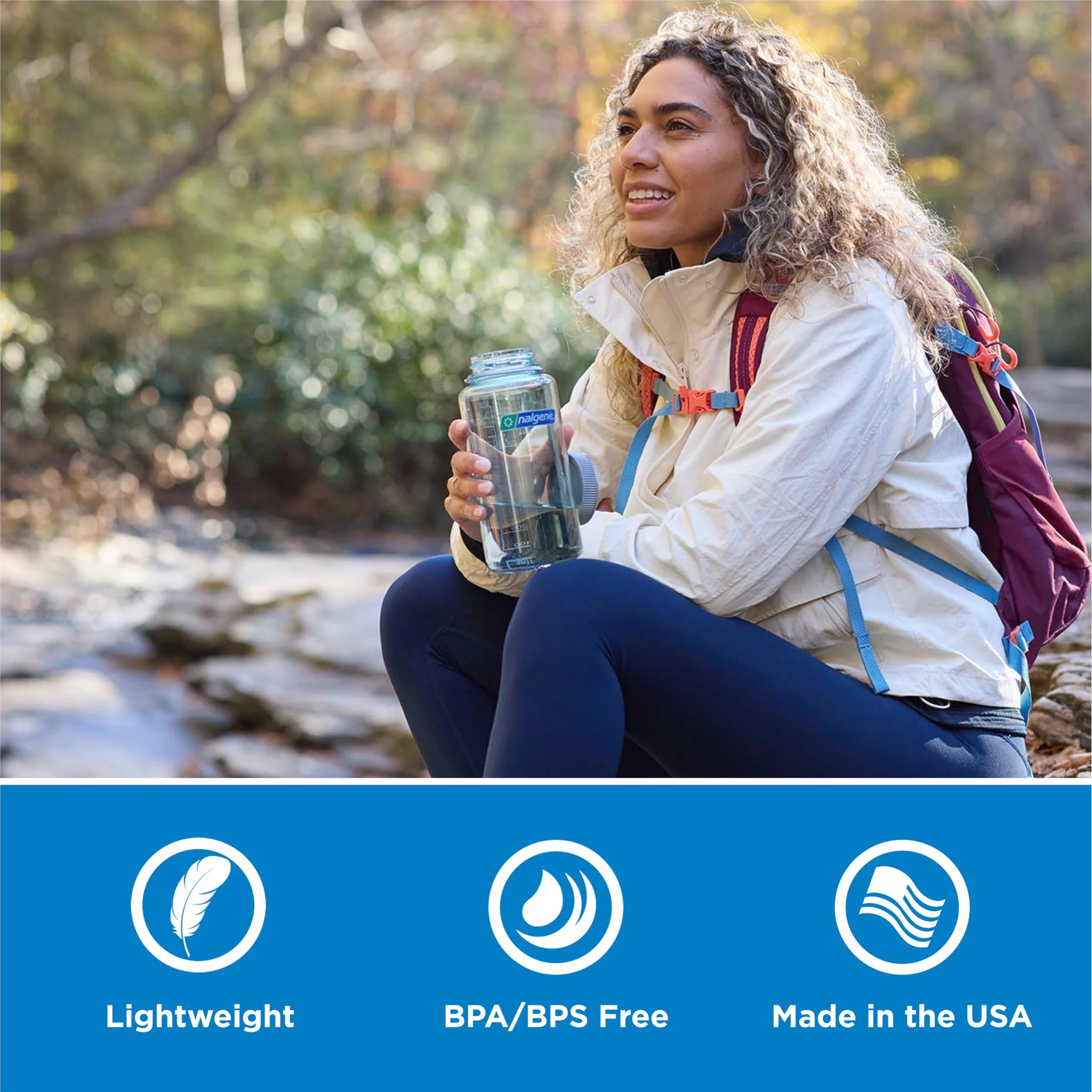 Nalgene Sustain Butelka na wodę z tritanu, bez BPA, wykonana z materiału pochodzącego z 50% plastikowych odpadów, 900 ml, szeroki otwór, ametyst