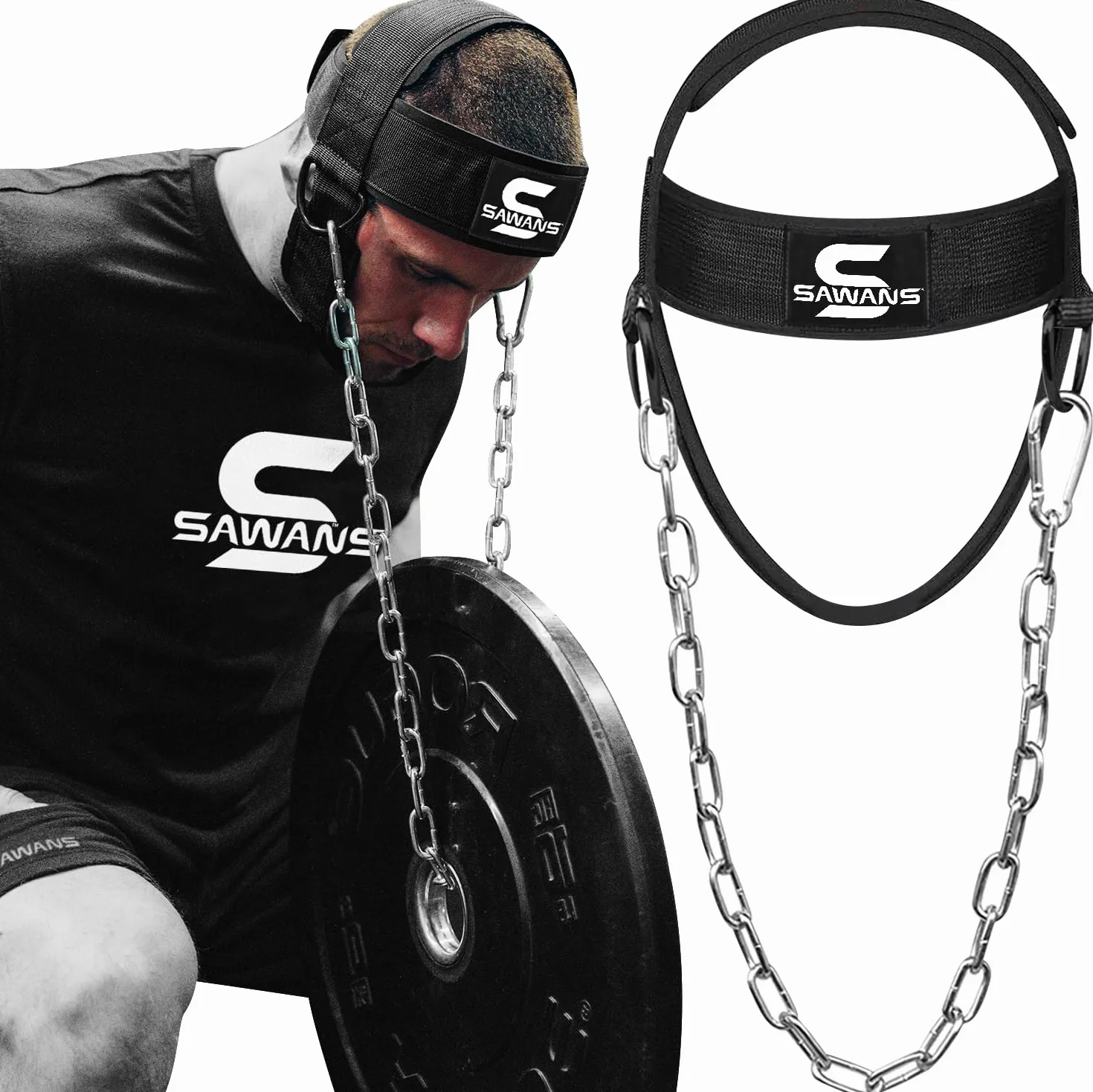 SAWANS Siła sportowa uprząż na szyję, nosze na szyję, pas do podnoszenia ciężarów, trener głowy dla mężczyzn, ból szyi i pleców, regulowana uprząż na głowę, fitness