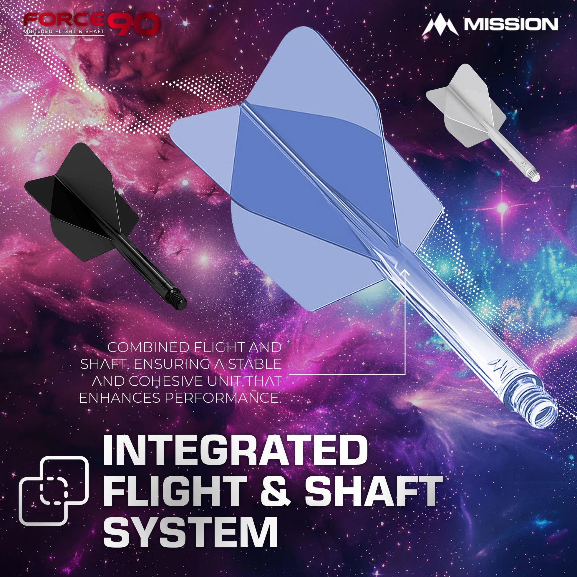 Mission Darts Force 90 | Zintegrowany precyzyjnie formowany system lotu i wałka do rzutek, 3 sztuki, profesjonalne, wysoce trwałe, kombinowane loty i łodygi 2 w 1, standard nr 6