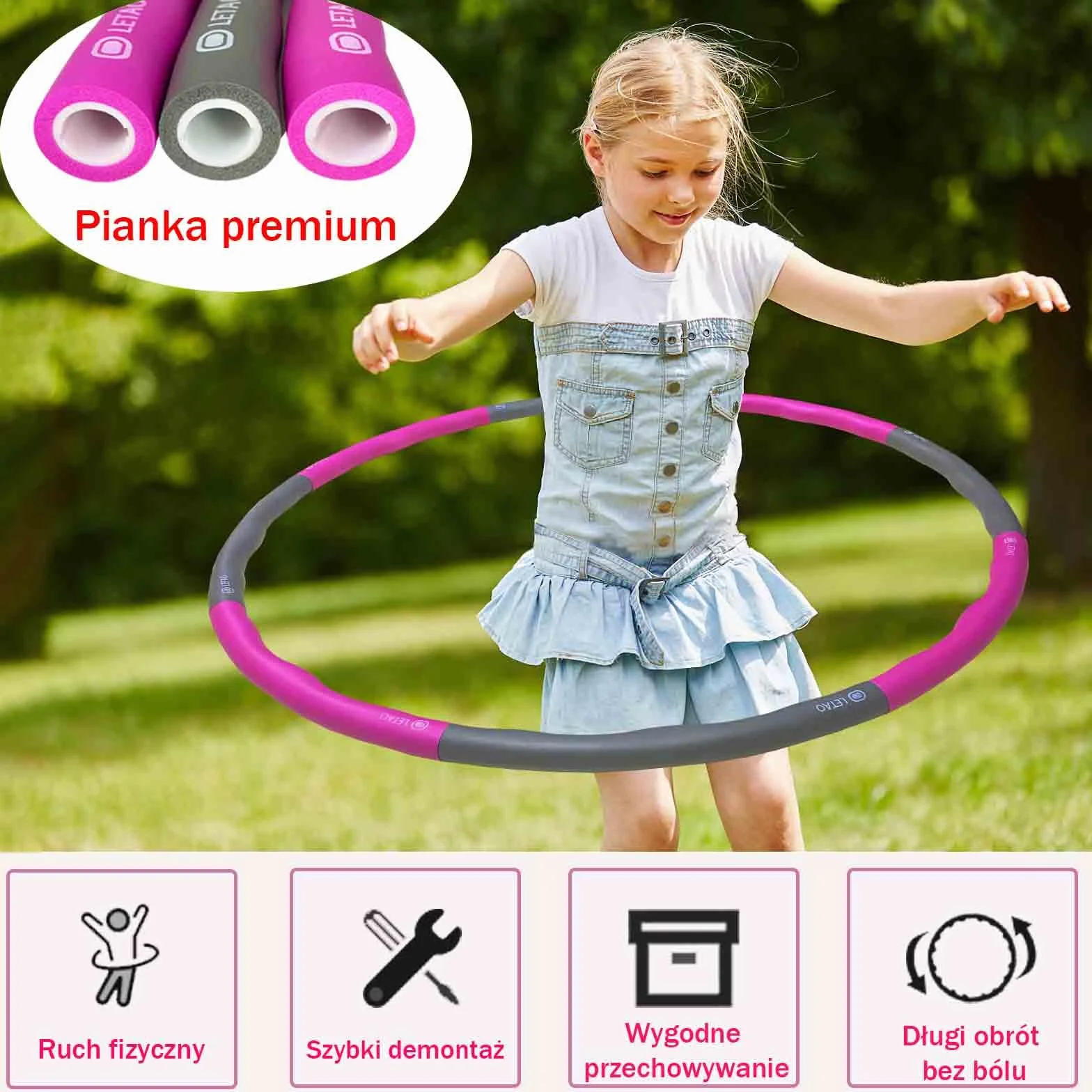LETAO Hula Hoop dla dzieci, od 36 miesięcy do 12 lat, różowo-szary, 0,7 kg, 95 cm, hula hop dla dzieci, możliwość demontażu i instrukcja elektroniczna