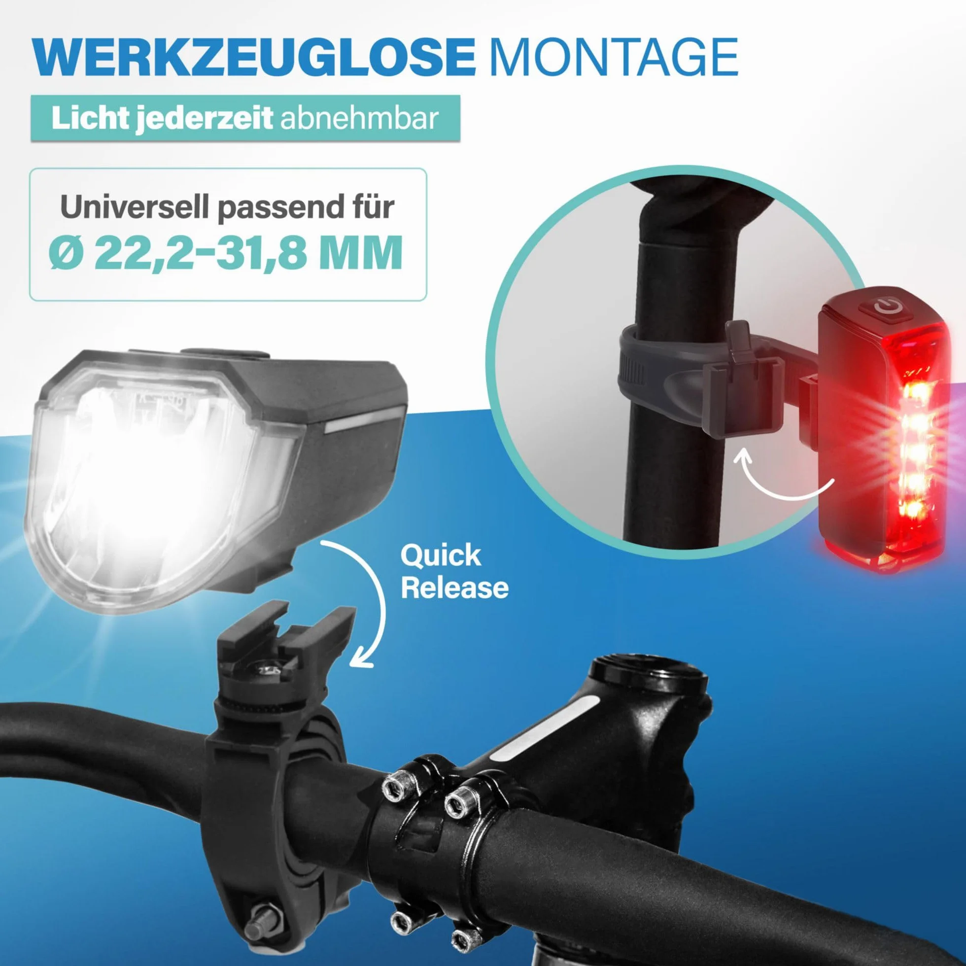 Fischer Twin zestaw świateł rowerowych, oświetlenie podłogowe 360°, lampa rowerowa LED 80 luksów, akumulator ładowany przez USB C, montaż bez użycia narzędzi z przodu i z tyłu