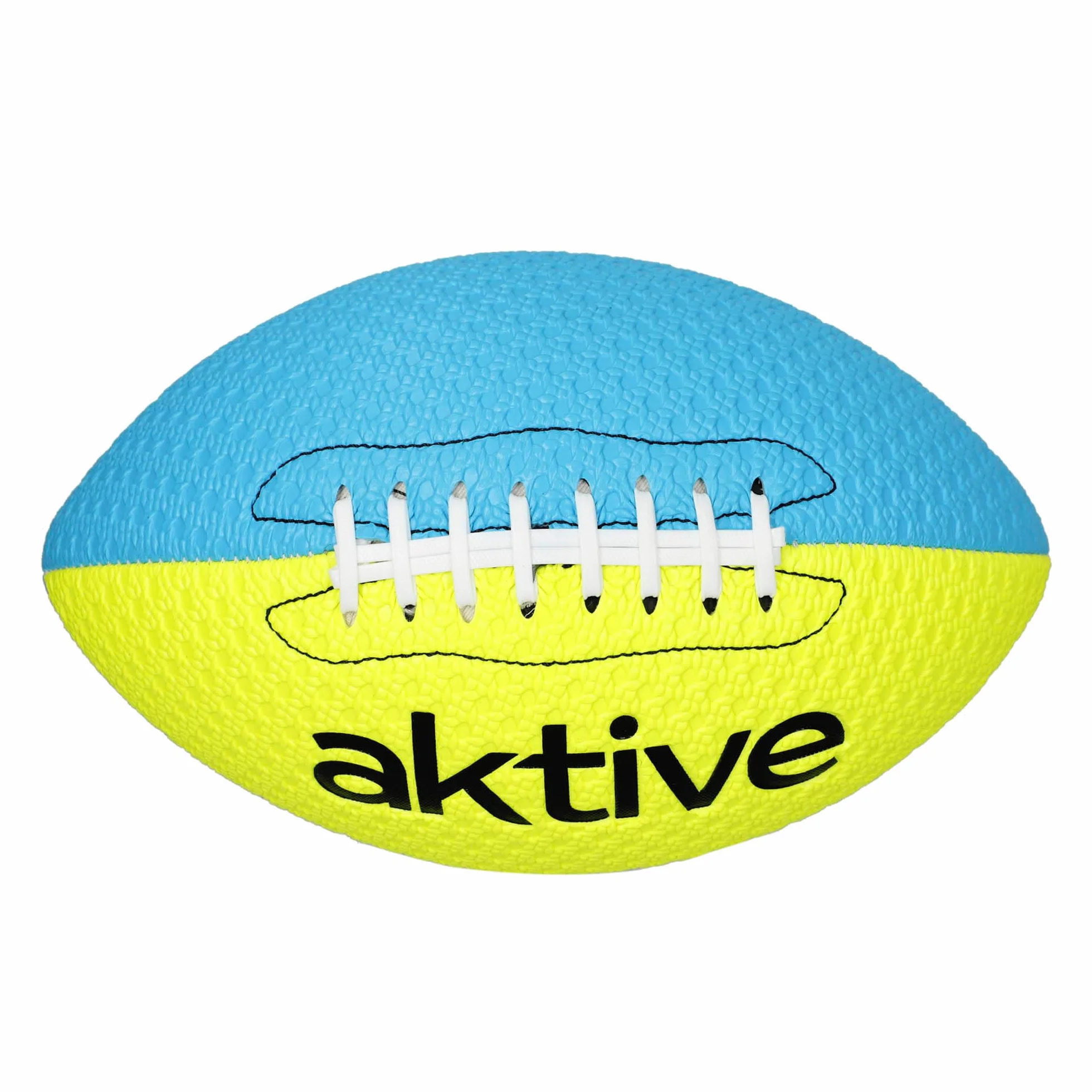 AKTIVE Piłka do rugby PVC, średnica 22 cm, rozmiar 5, kolor fosforynowy żółty i niebieski, wytrzymały i trwały, łatwy chwyt, optymalny do treningu na świeżym powietrzu, sportu, piłki, piłki (54209)