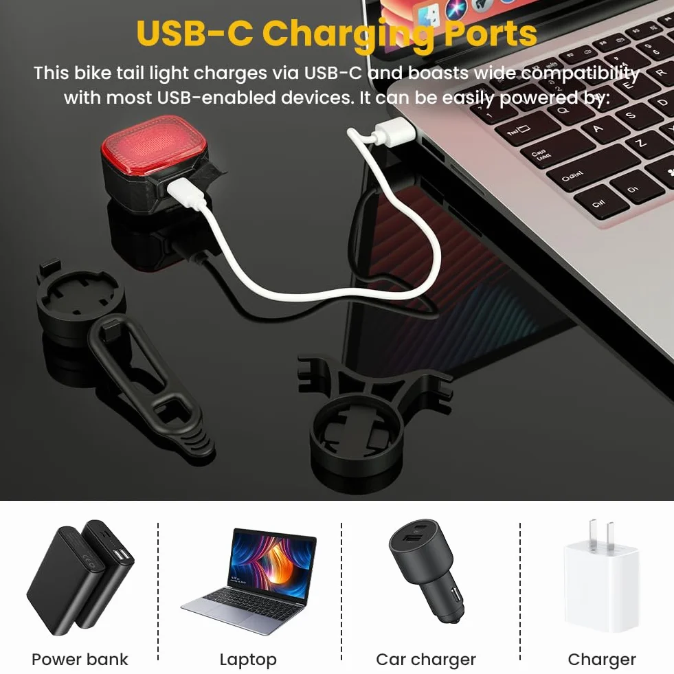 Ainiv Inteligentna Tylna Lampa Rowerowa z Czujnikiem Hamulca, Ładowana Przez USB, Wodoodporna, Tylna Lampa Rowerowa z Ostrzeżeniem Bezpieczeństwa do Jazdy Nocnej