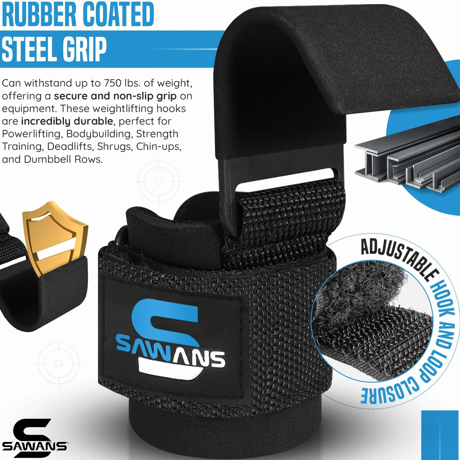SAWANS Haczyki do podnoszenia ciężarów, grube, wyściełane, neoprenowe, gumowe, powlekane, 8 mm, para pasków do podnoszenia z haczykami, paski treningowe fitness, podnoszenie ciężarów, martwy ciąg,