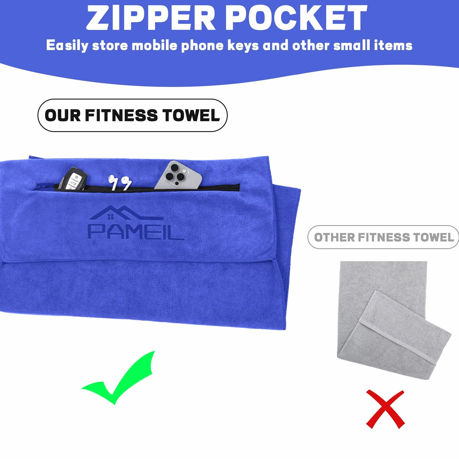 Pameil Ręcznik fitness, 120 x 50 cm, ręcznik sportowy, do studia fitness, chłonny i miękki, z kieszenią na zamek błyskawiczny, do treningu (Niebieski)