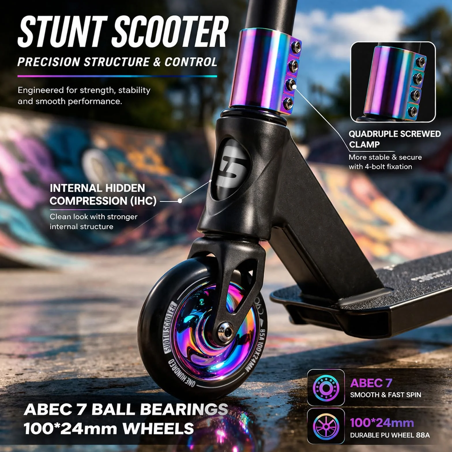 Hulajnoga Wyczynowe, Skrętne w 360°, Hulajnoga do Trików Wyczynowe z Kołami PU 100 mm, Stunt Scooter Dla Dzieci, Młodzieży i Dorosłych, Nośność: 100 kg, Aluminium