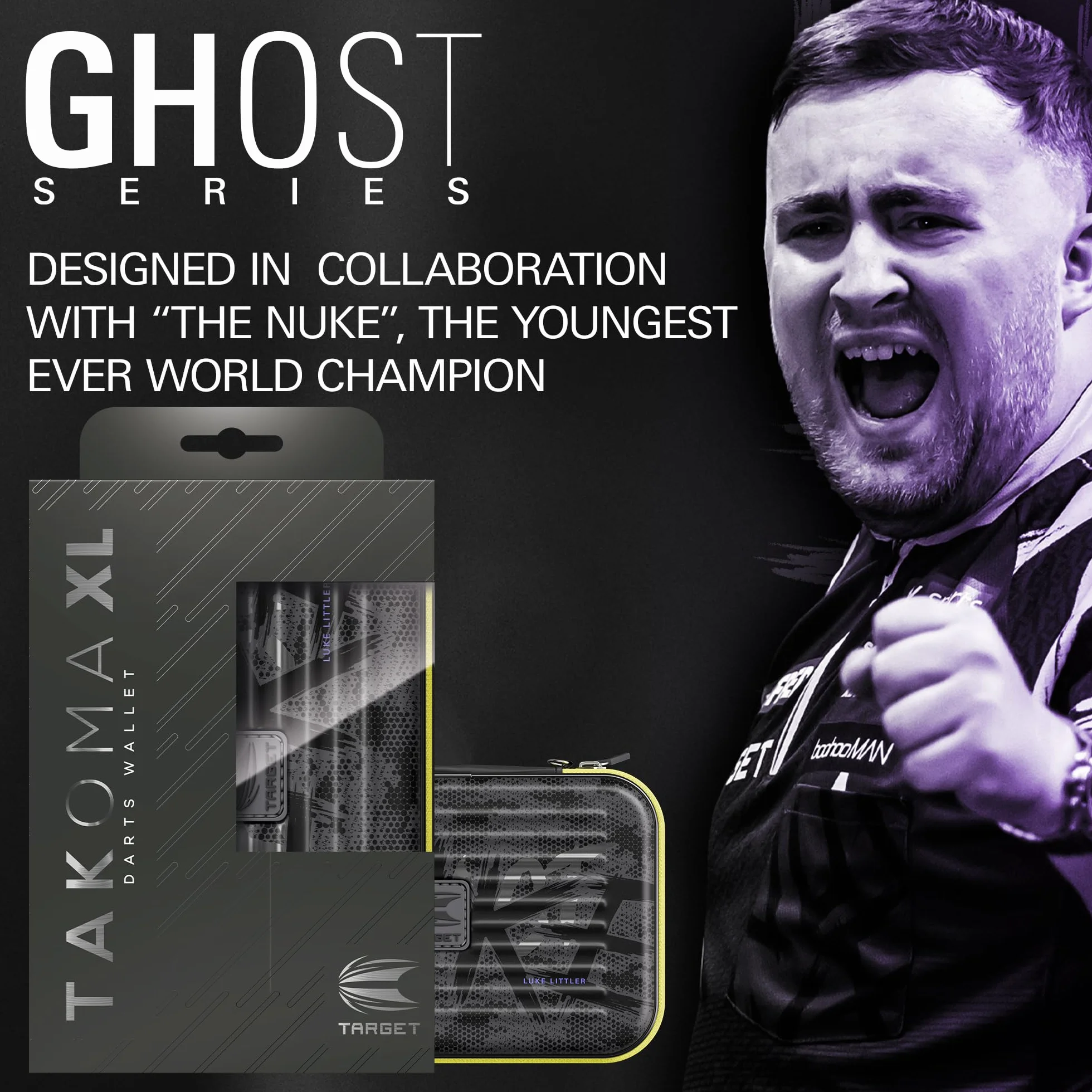 Target Darts Luke Littler Ghost Series XL Takoma Wallet – “The Nuke” profesjonalne etui na 6 zmontowanych rzutek, czarno-białe, z zamkiem błyskawicznym, idealne do przechowywania akcesoriów.