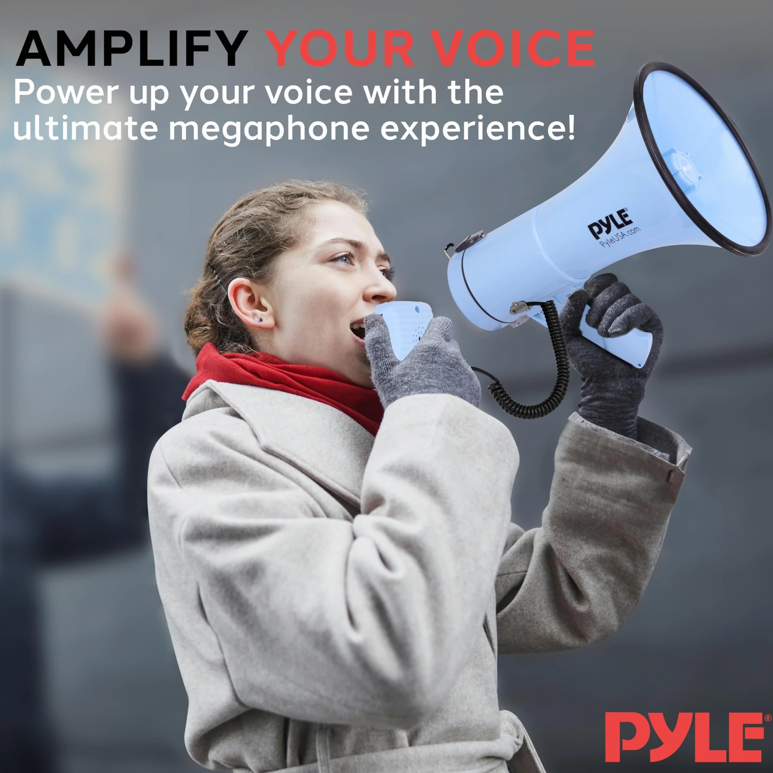 Pyle 50W Megaphone Bullhorn - Portable, Automatic Siren & Adjustable Volume,Projection Range Up to 1200 Square Yards, Aux Input, Talk, Siren, Music, Whistle, & Record, Shoulder Strap (Blue)