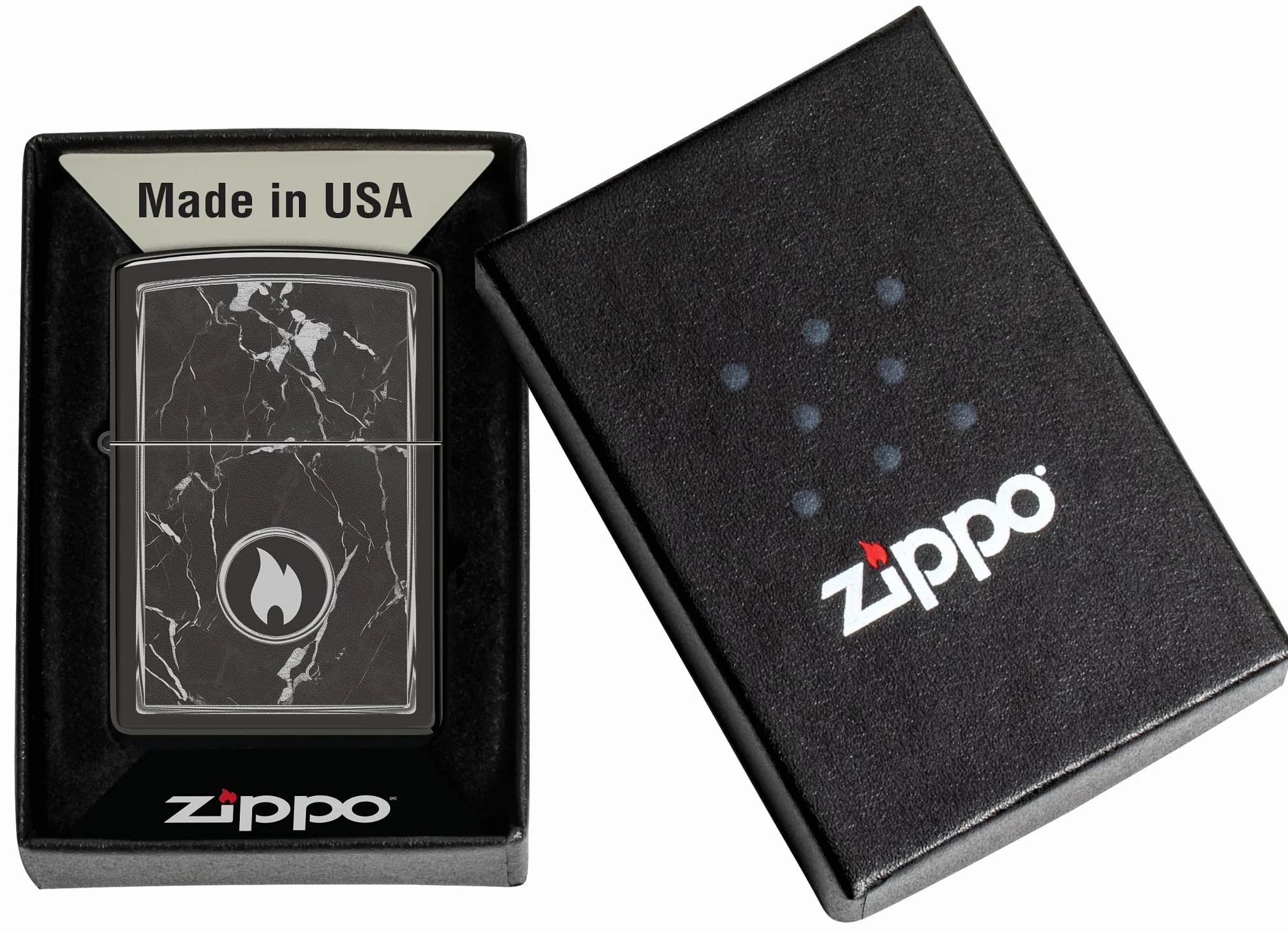 Zippo Marble Flame Zapalniczka Sztormowa Czarny High Polish Black Pudełko na Prezent Wiatroodporna