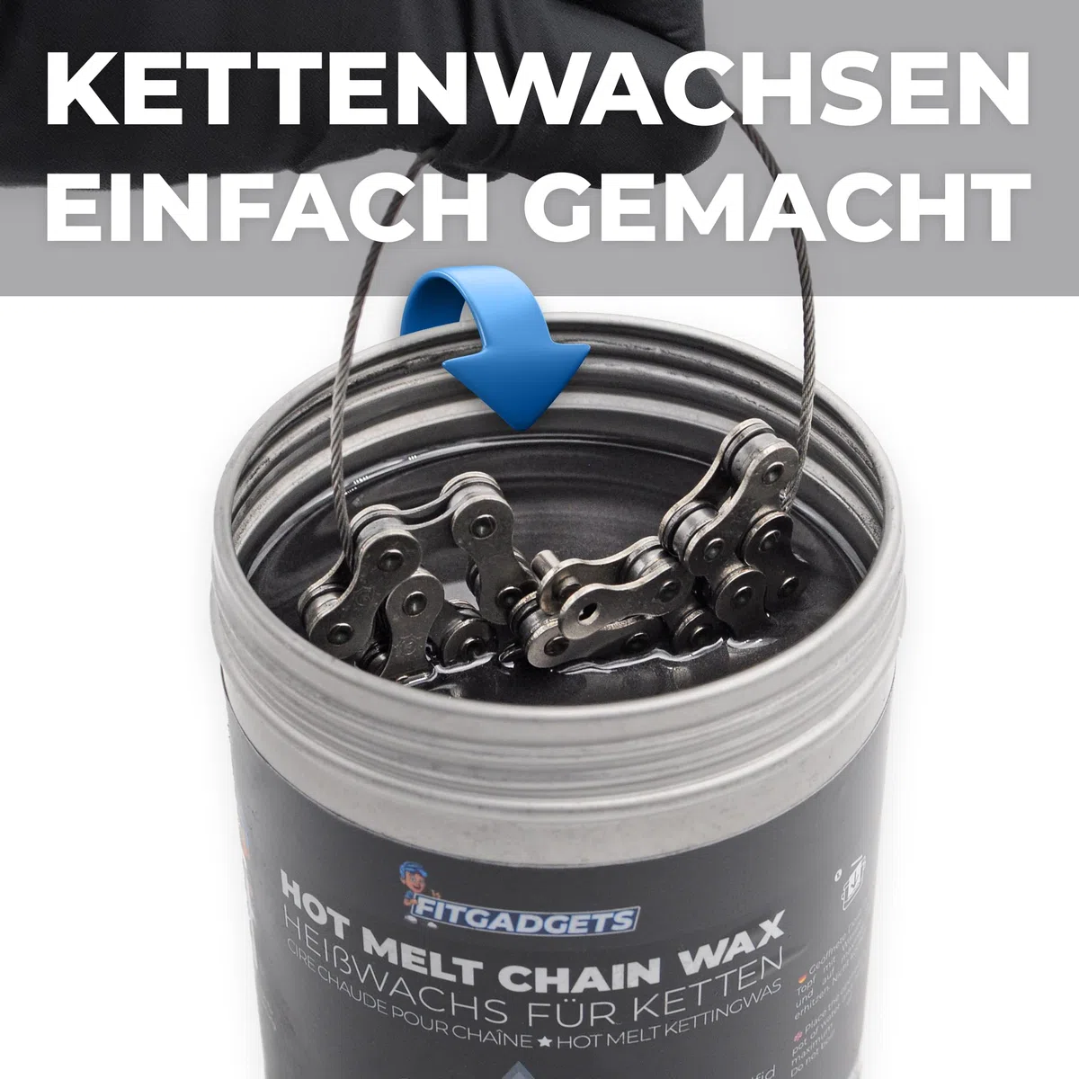 OH3 Fitgadgets Wosk do rozgrzewania łańcucha rowerowego w pudełku z ciepłym woskiem – Z 3 uchwytami na łańcuch – 350 g wosku Hot Melt Chain z grafitem i siarczkie tungstowym – Smar woskowy