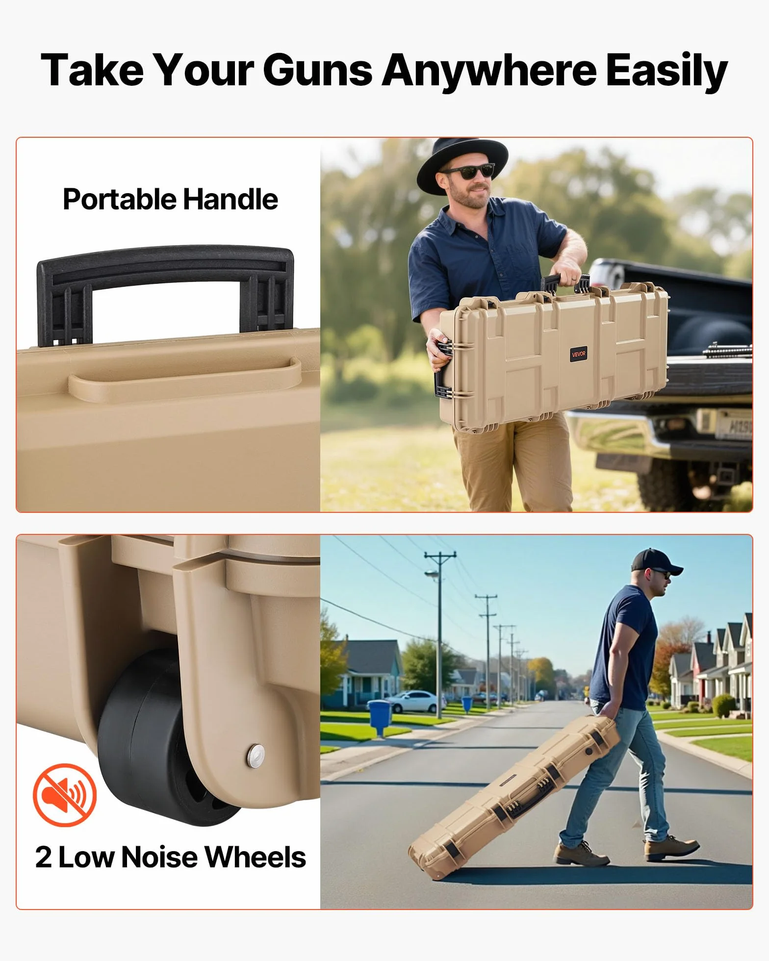 VEVOR Twardy futerał na broń długą, PP, z zamkiem i wstępnie wyciętą pianką, zwijany, wodoszczelny IP67, 1042 x 352 x 91 mm, khaki, do podróży środkami transportu publicznego