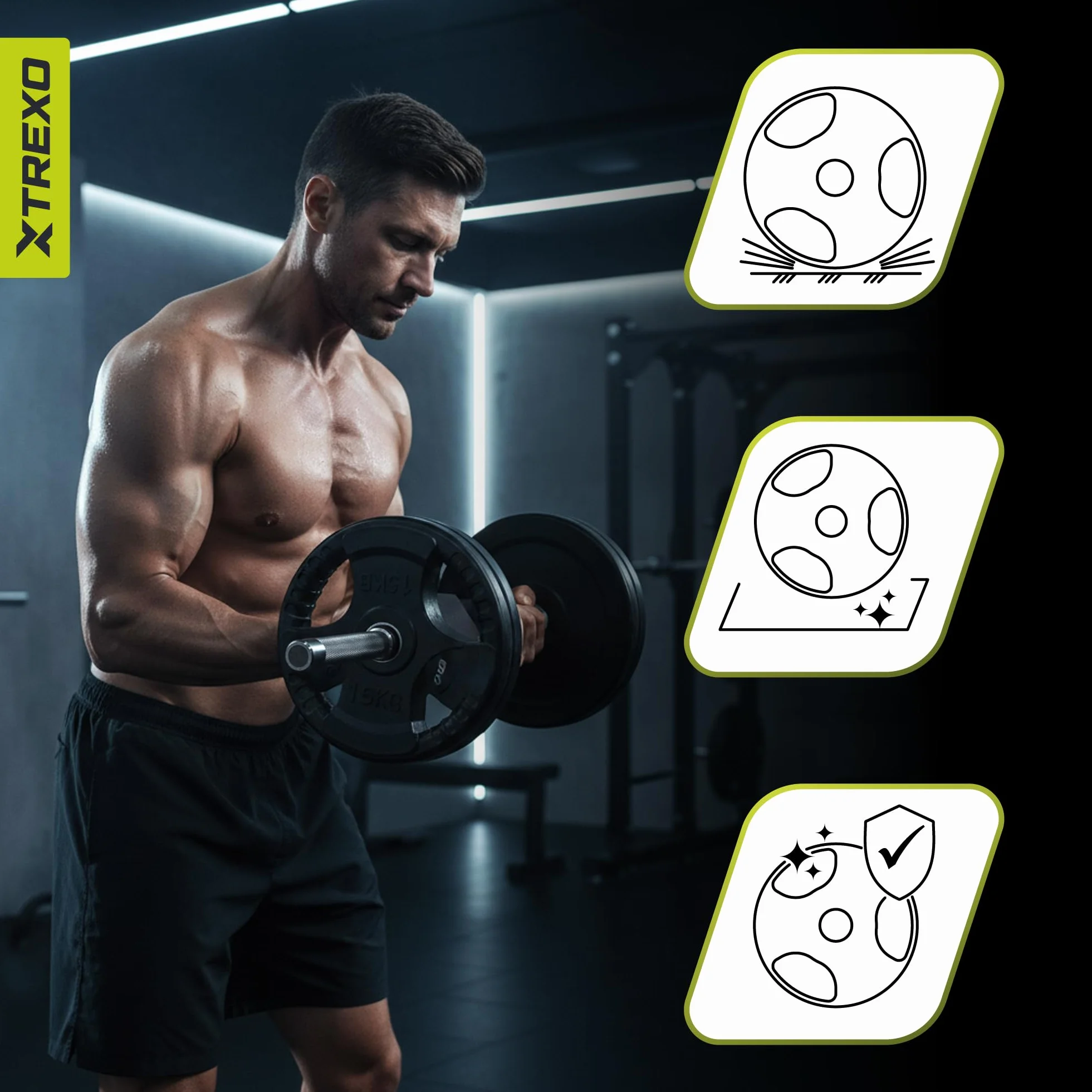 XTREXO Tarcza do sztangi z uchwytami – żeliwna tarcza obciążająca z gumową powłoką i uchwytem 50 mm, ergonomiczna, cicha i trwała, do sztangi długiej, fitnessu, treningu siłowego i crossfitu