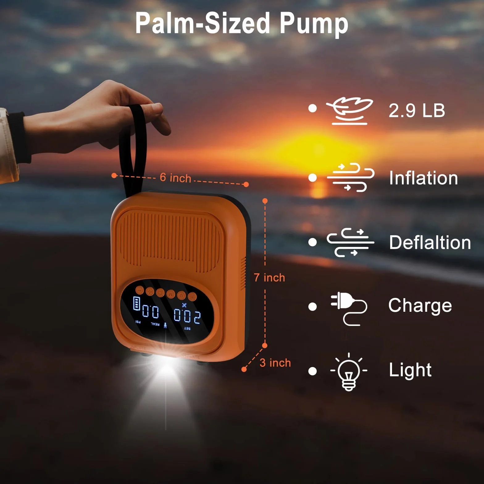 Mojimdo Elektryczna Pompa do SUP 20PSI - 5 trybów, szybkie pompowanie 2-stopniowe, auto-off, ładowanie 12V DC, do desek, namiotów, materacy