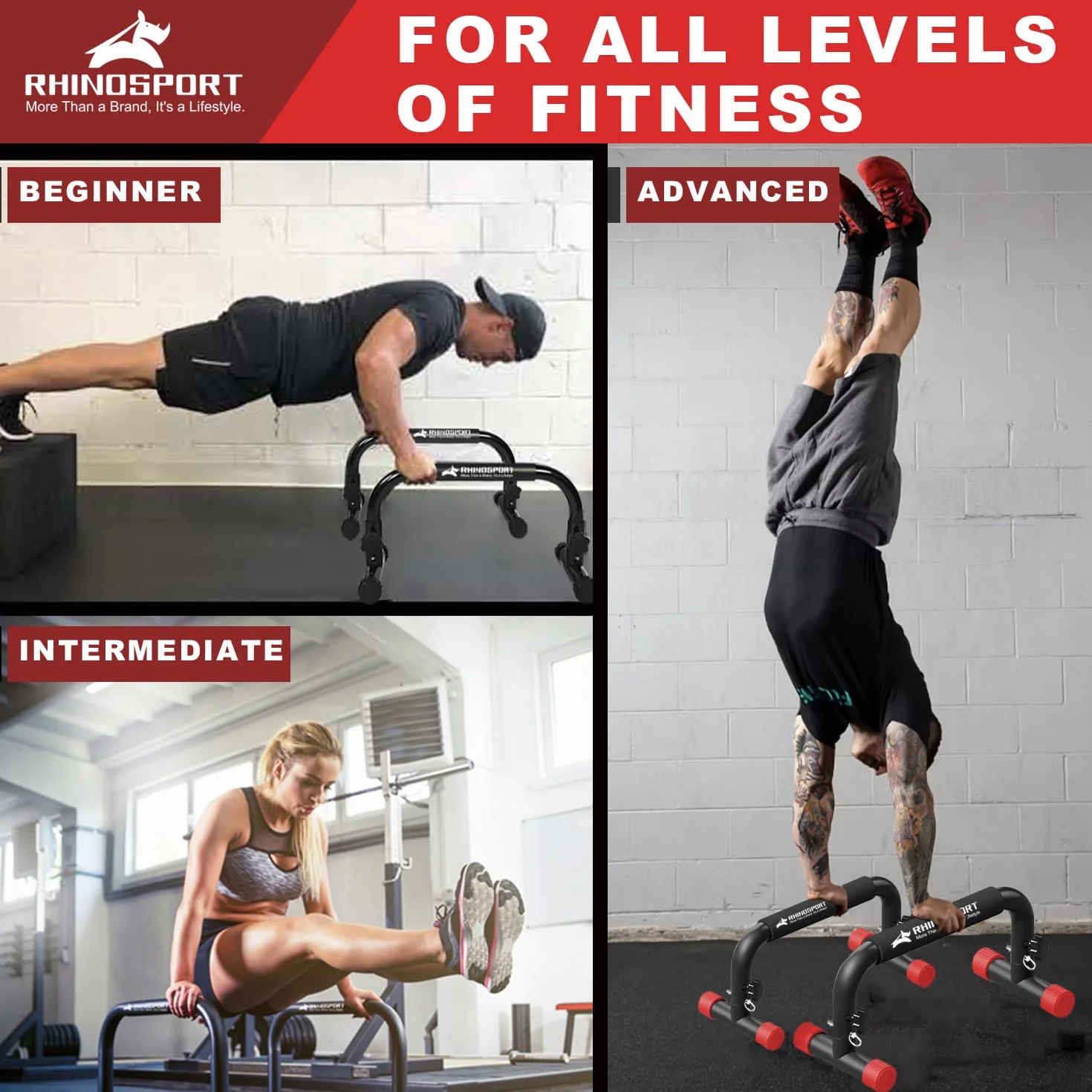 RHINOSPORT Drążki Parallettes do calisthenics pompki i pompki 25.9 cm wysokość 300 kg/661 funtów pojemność wagowa trening siłowy domowe treningi calisthenics sprzęt [50x25.9x25.9 cm] czerwony