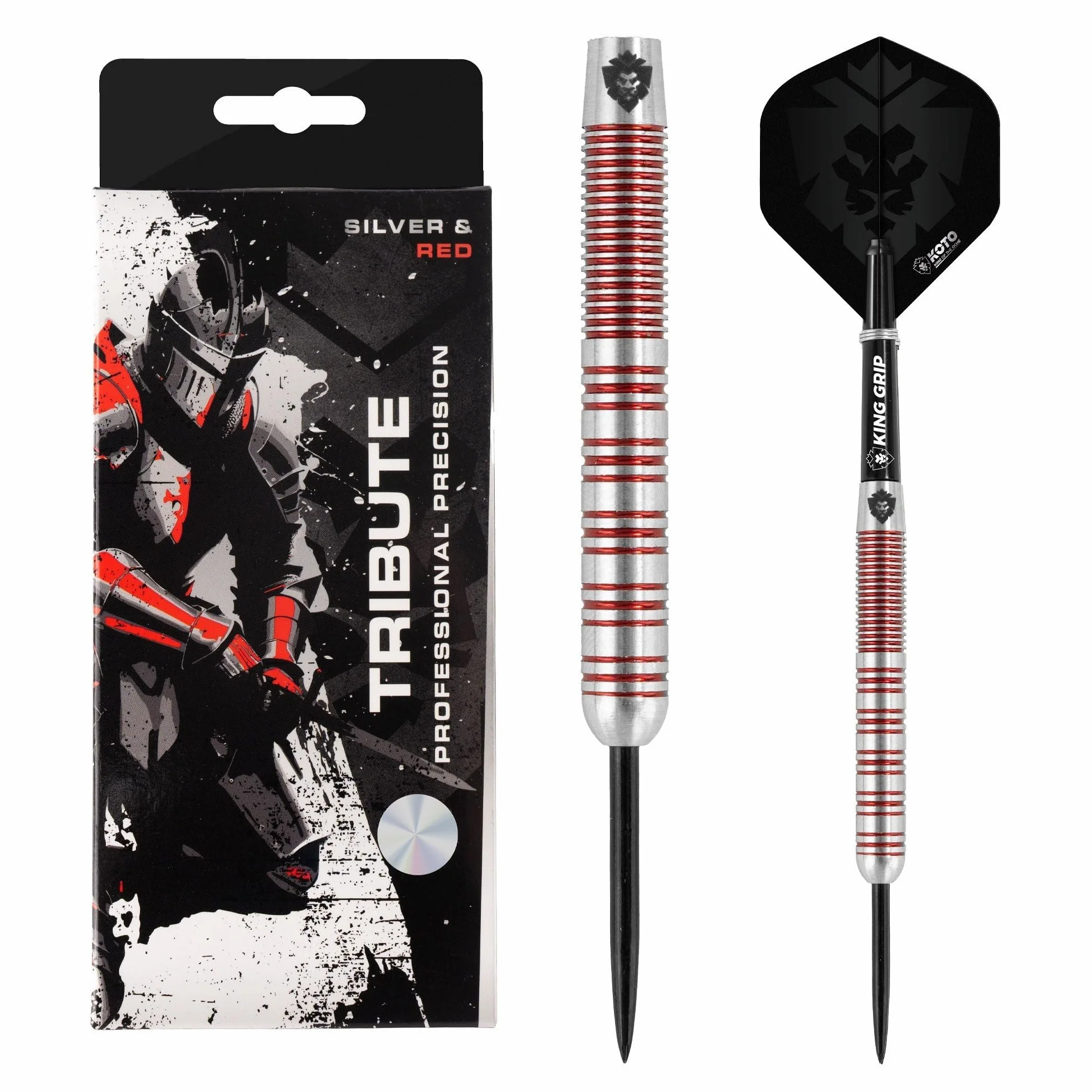 KOTO – Tribute Darts, srebrne i czerwone, zestaw rzutek z 3 beczkami, piórami + trzonkami i portfelem do darta o stałym uchwycie pierścieniowym