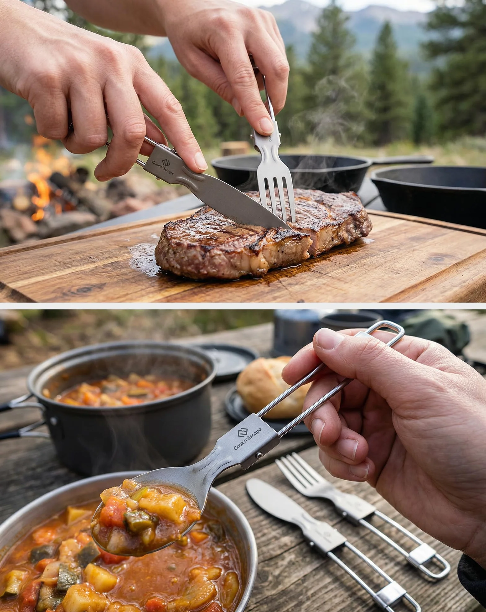 COOK'N'ESCAPE Tytanowe sztućce kempingowe, 3-częściowy zestaw sztućców – składane sztućce z nożem, widelcem, łyżką i torbą do przenoszenia, ultralekkie tytanowe sztućce podróżne do aktywności na