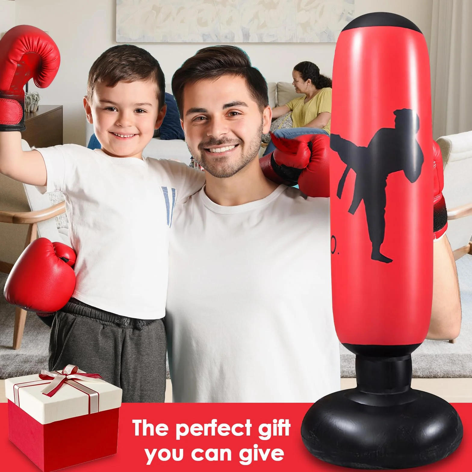 Worek bokserski dla dzieci, nadmuchiwany worek bokserski, 160 cm, stojący worek bokserski z pompką i rękawicami bokserskimi do karate, kickboxingu, sprzętu treningowego, na prezent