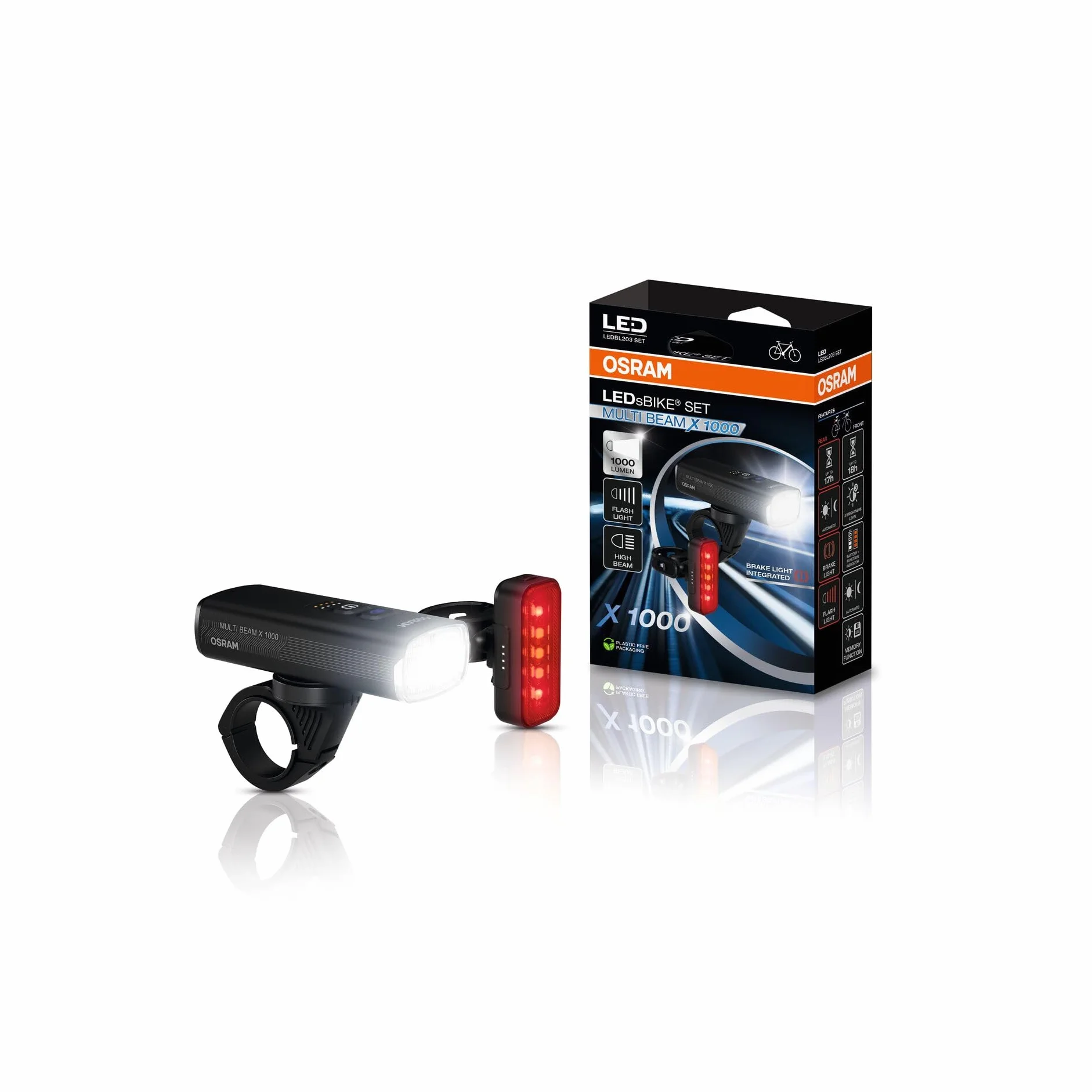 OSRAM LEDsBIKE MULTI BEAM X 1000 SET, zestaw akumulatorowych lampek rowerowych - przód i tył, do jazdy w terenie, ze światłem stopu i światłem drogowym, do 1000 lumenów