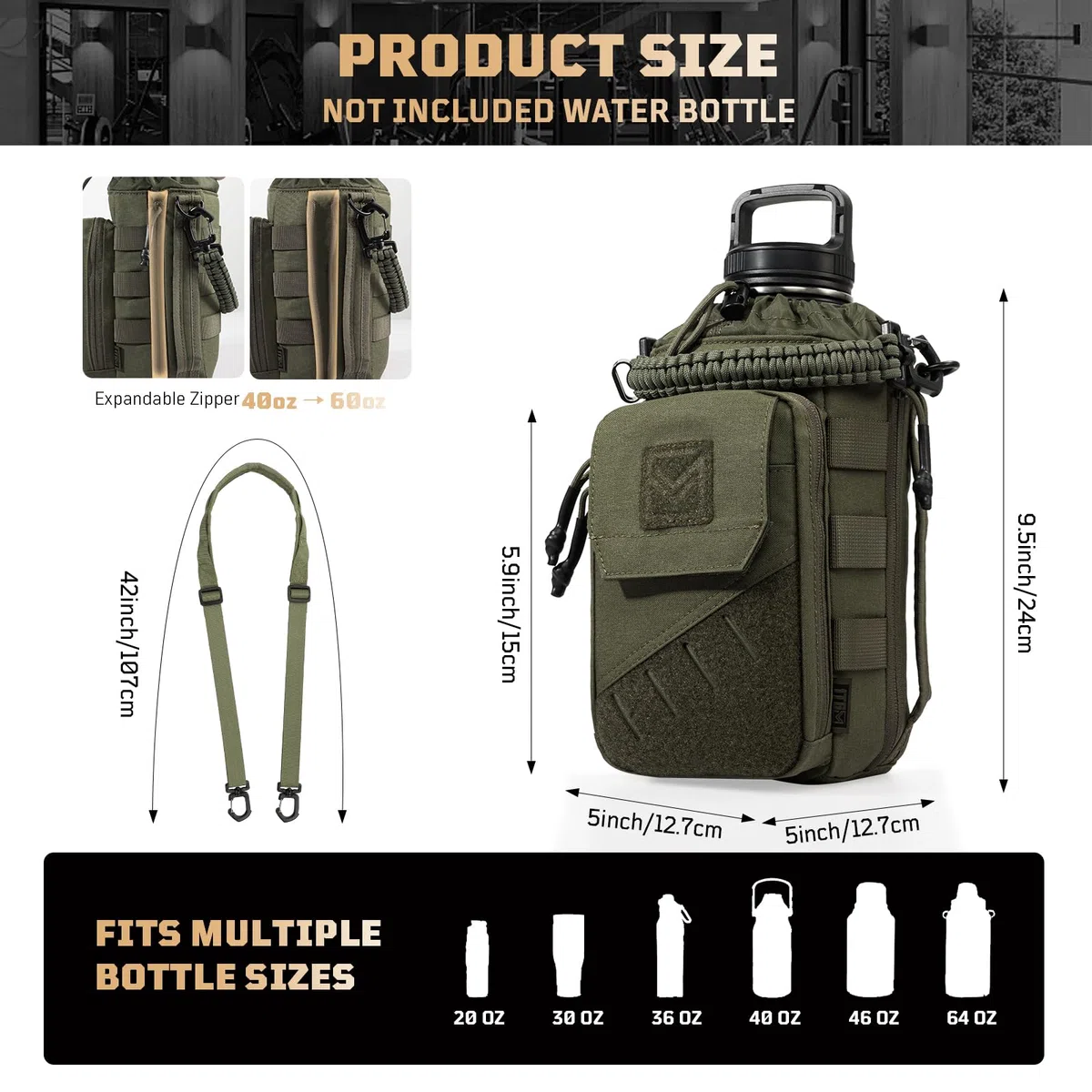 1TG Tactical Magnetyczna torba gimnastyczna na butelkę, 1-2 l, dla mężczyzn i kobiet – uchwyt na wodę z kieszenią na telefon komórkowy, zdejmowany klips magnetyczny, panel MOLLE i regulowany pasek do