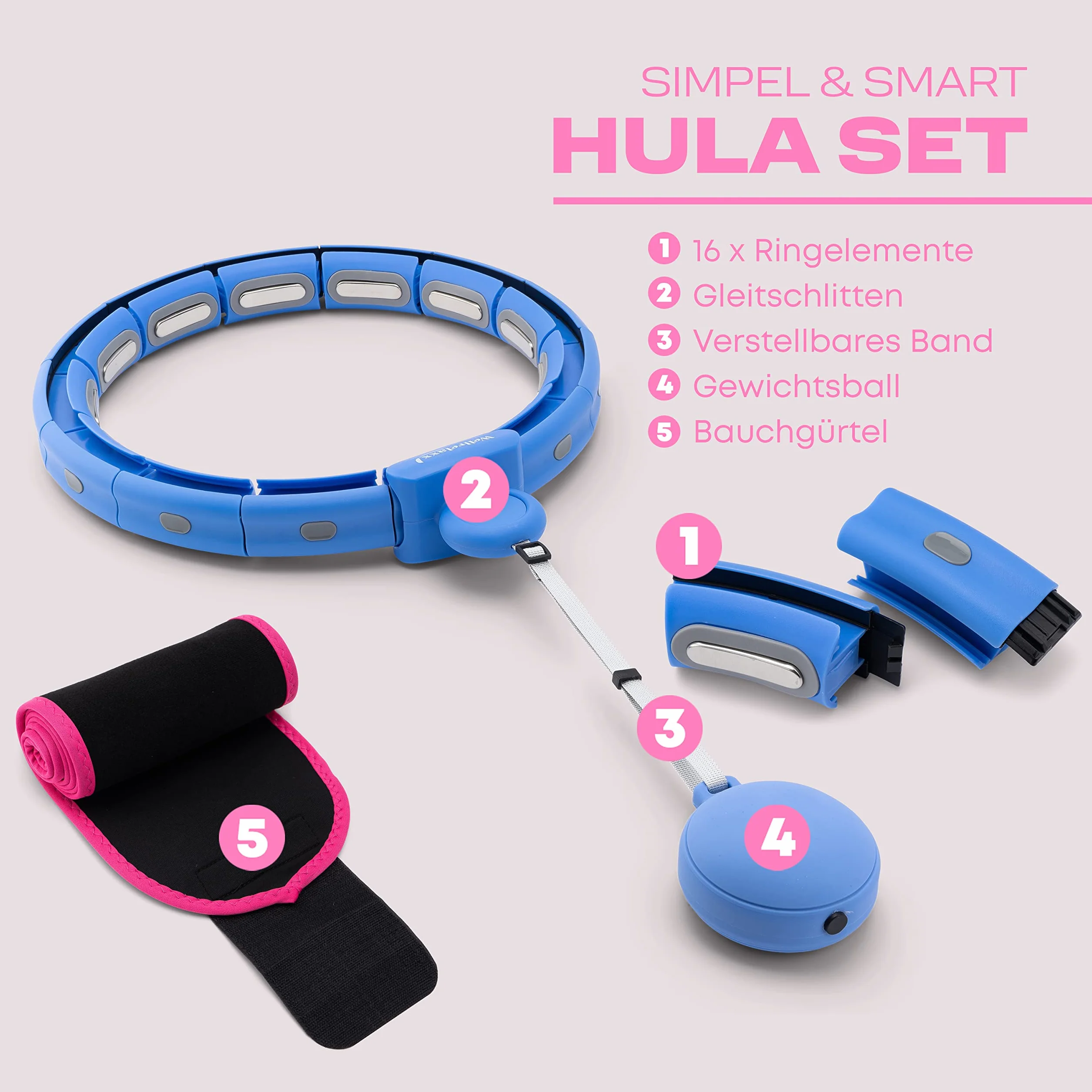 WELLRELAXX Smart hula hop cicha | obwód do 113 cm | hula hop dla dorosłych | hula hop z kulką obciążającą | hula hop do odchudzania z paskiem do odchudzania – chroni skórę i ubranie