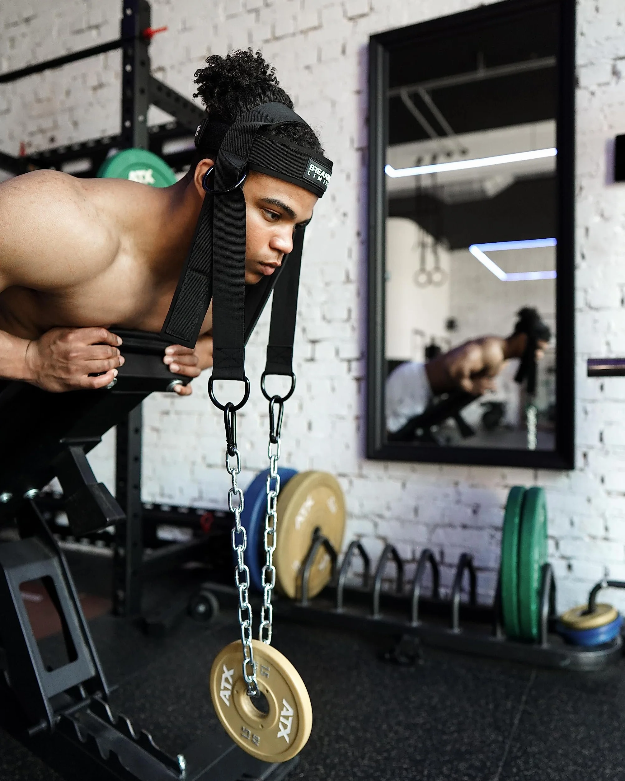 Breaking Limits Trenażer karku – uprząż na szyję z zapięciem na rzepy, pasek na głowę i podbródek, trener szyi do sportów walki, przyrząd do treningu karku, łańcuszek o długości 81 cm