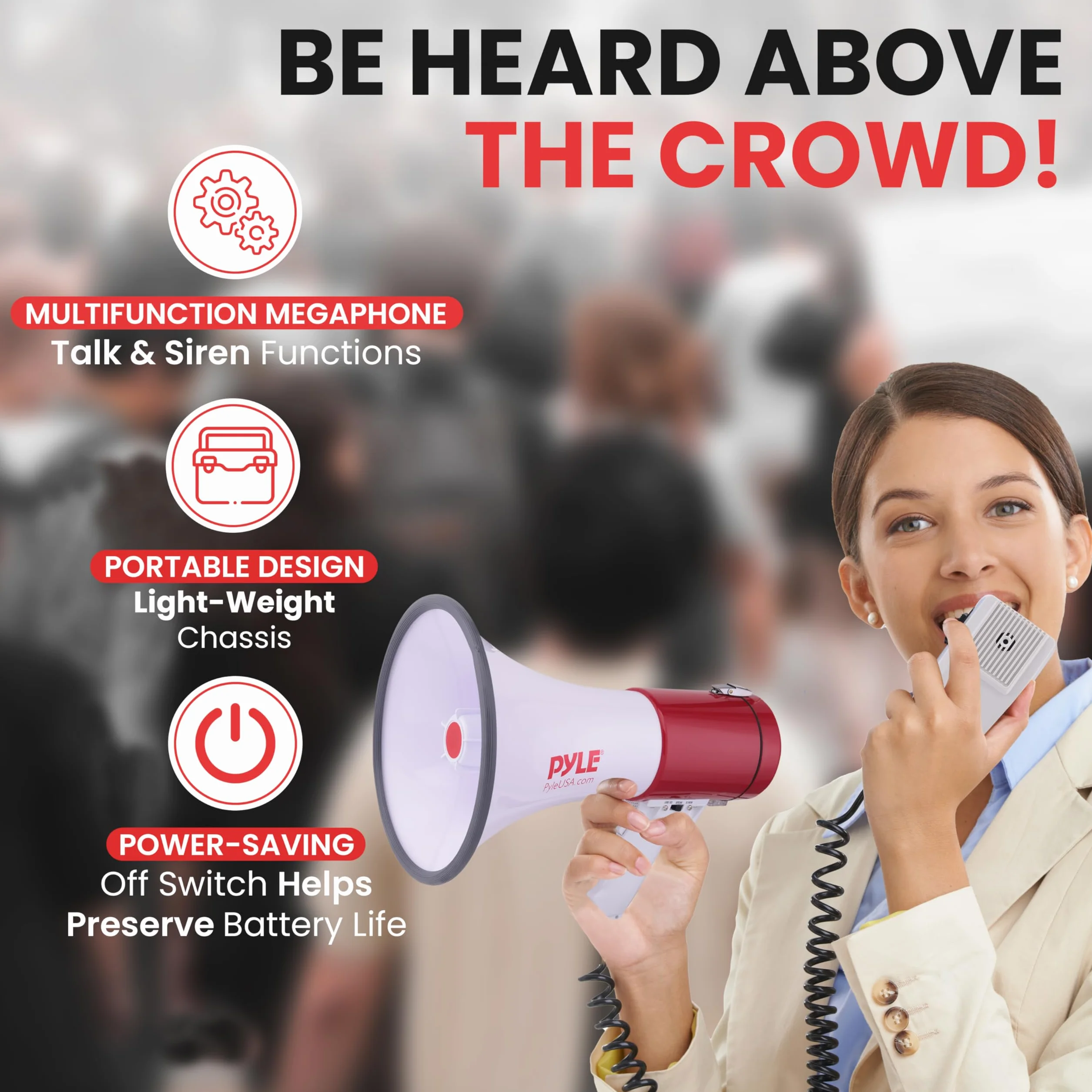 Portable Megaphone Speaker PA Bullhorn - Built-in Siren, 50W Adjustable Volume Control & 1200 Yard Range - Ideal for Any Outdoor Sports, Cheerleading Fans & Coaches or for Safety Drills - Pyle PMP52BT