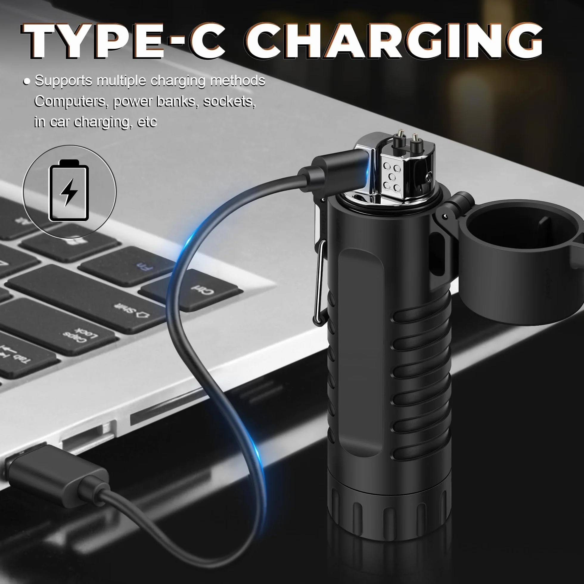 Lafagiet Zapalniczka elektryczna, ładowana przez USB C, z wyświetlaczem baterii LED, latarka, elastyczne rozsuwane zapalniczki łukowe 360° do świec, na kemping, przygodę na świeżym powietrzu