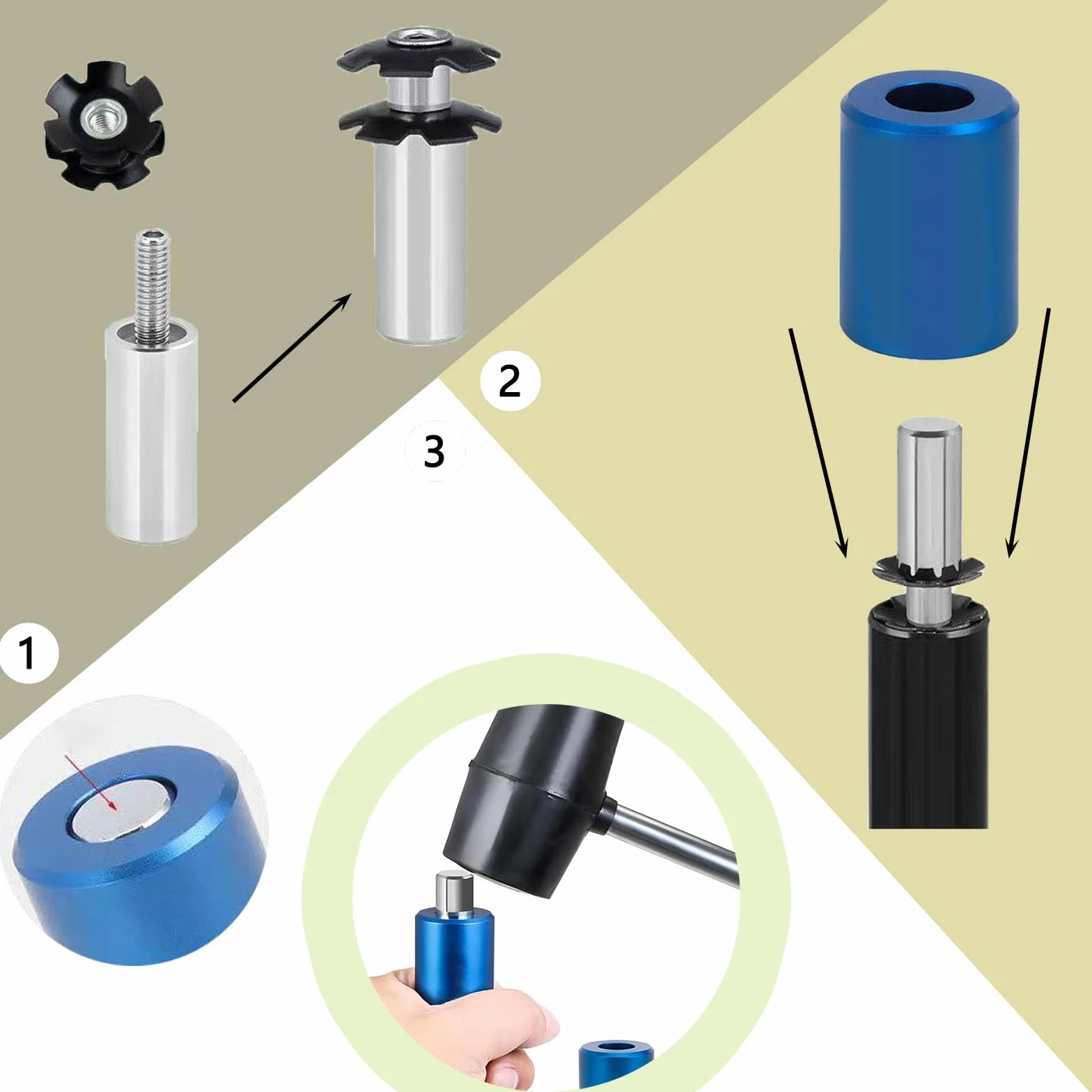 Widelec rowerowy, nakrętka gwiazdowa, zestaw montażowy do 28,6 mm, widelec rowerowy, zestaw słuchawkowy do montażu, nakrętka gwiazdowa, narzędzie do montażu nakrętki