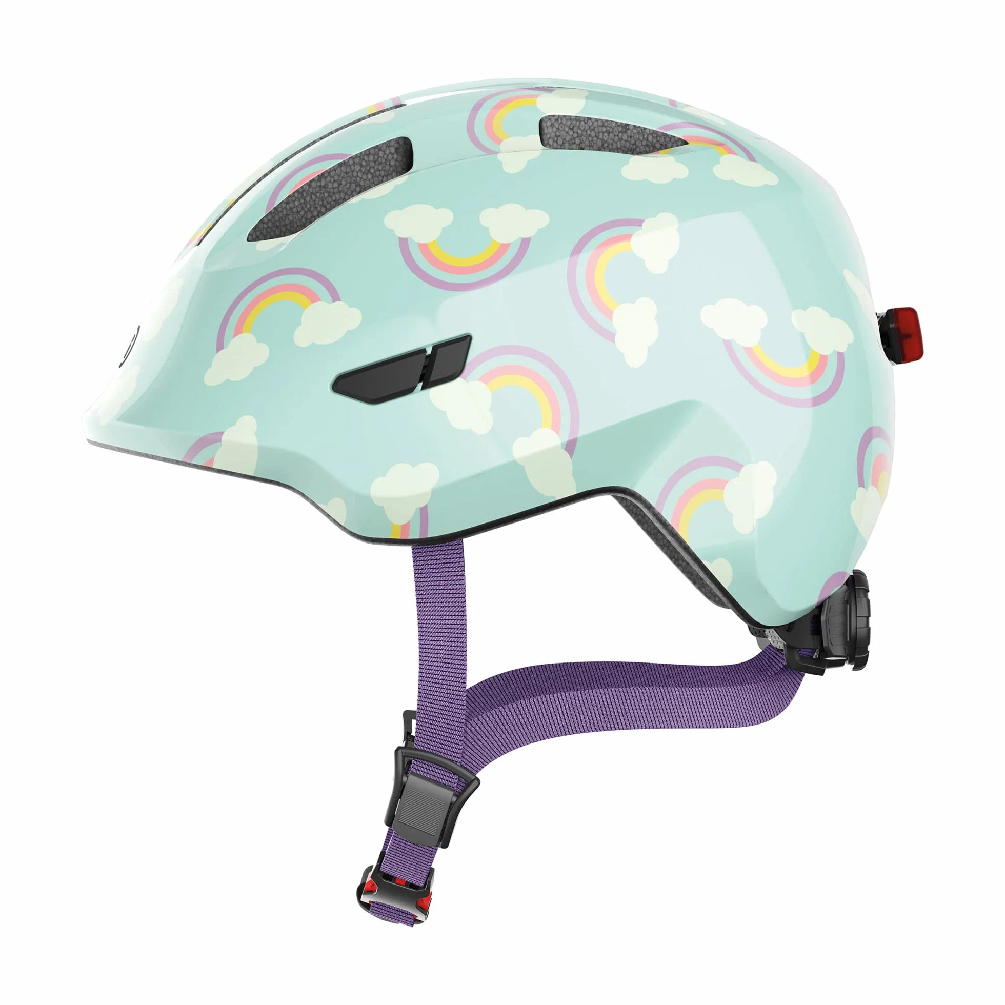 ABUS Kask dzieci?cy Smiley 3.0 LED – kask rowerowy ze ?wiat?em – g??bokie dopasowanie i miejsce na warkocz – dla dziewcz?t i ch?opców – jasnoniebieski z t?czowym wzorem, rozmiar M