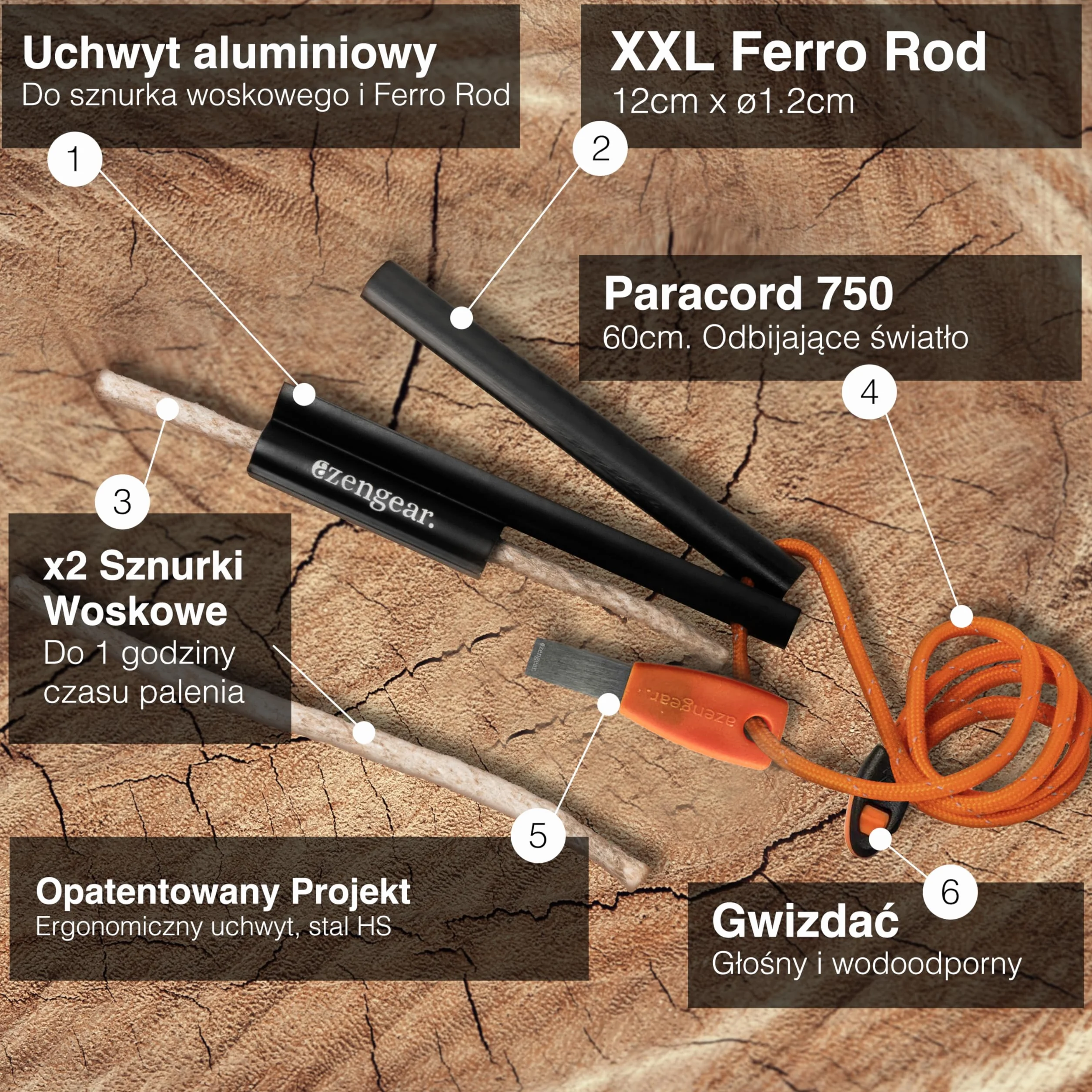 aZengear Camping Bushcraft Flint Steel Pro Fire Starter, XXL Ferro Rod, HSS Striker, Tinder Wick Rope, Paracord, wodoodporny zestaw survivalowy na świeżym powietrzu