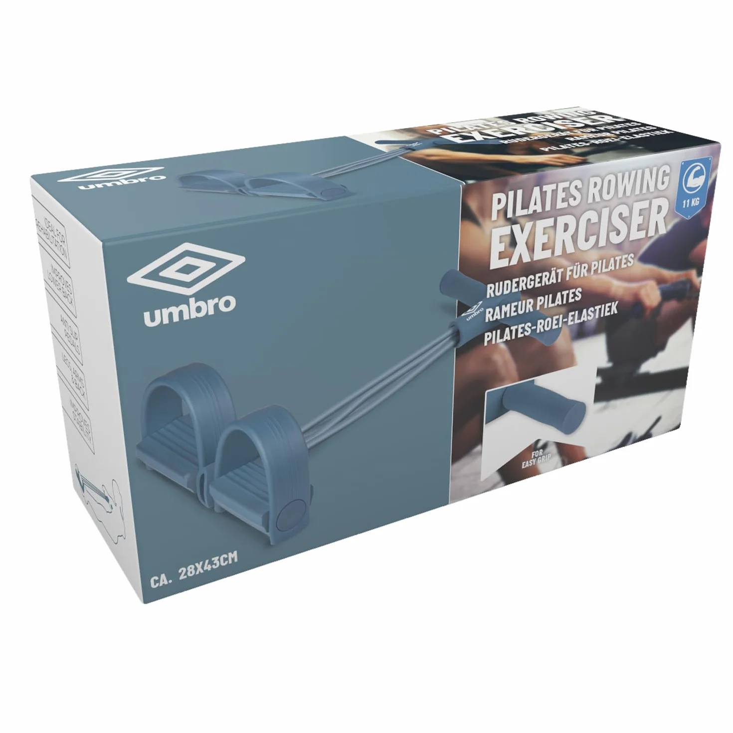 Umbro Wioślarz taśma gimnastyczna – gumowa taśma sportowa/fitness – taśma oporowa do 11 kg – taśma oporowa z uchwytami i pedałami nożnymi – tworzywo sztuczne – niebieska