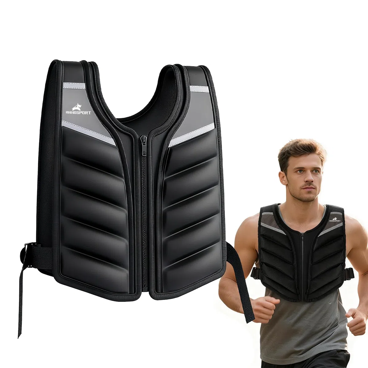 RHINOSPORT Kamizelka obciążeniowa 9 kg dla mężczyzn i kobiet – kamizelka fitness premium z paskami odblaskowymi i woreczkiem na ramię do treningu siłowego, utraty wagi, treningów w domu/siłowni