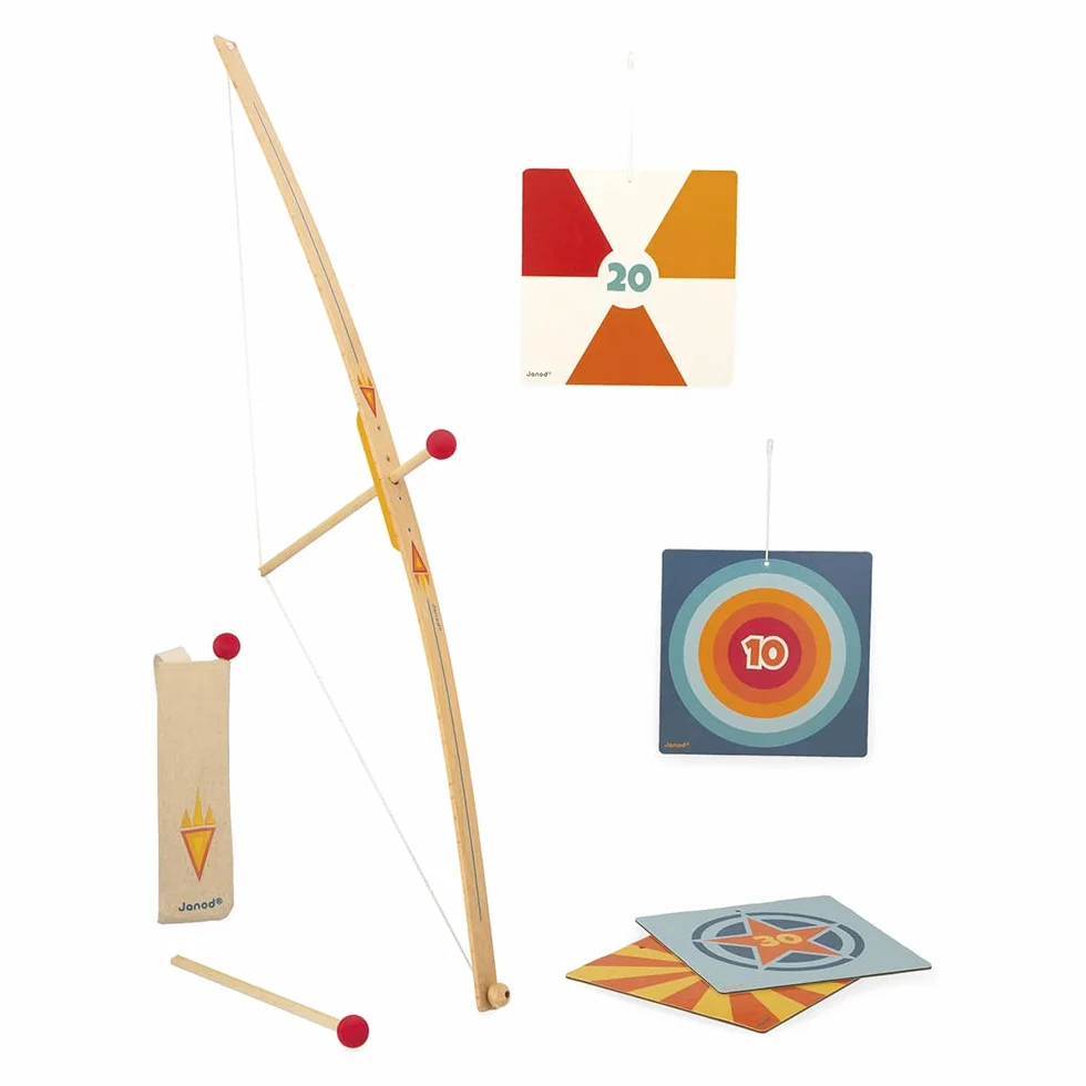 Janod - Drewniany zestaw łuczniczy - Łuk i 3 strzały, kołczan i 4 cele - Gra outdoorowa i sportowa - Adres i umiejętności motoryczne - Certyfikat FSC - Od 5 lat, J03172