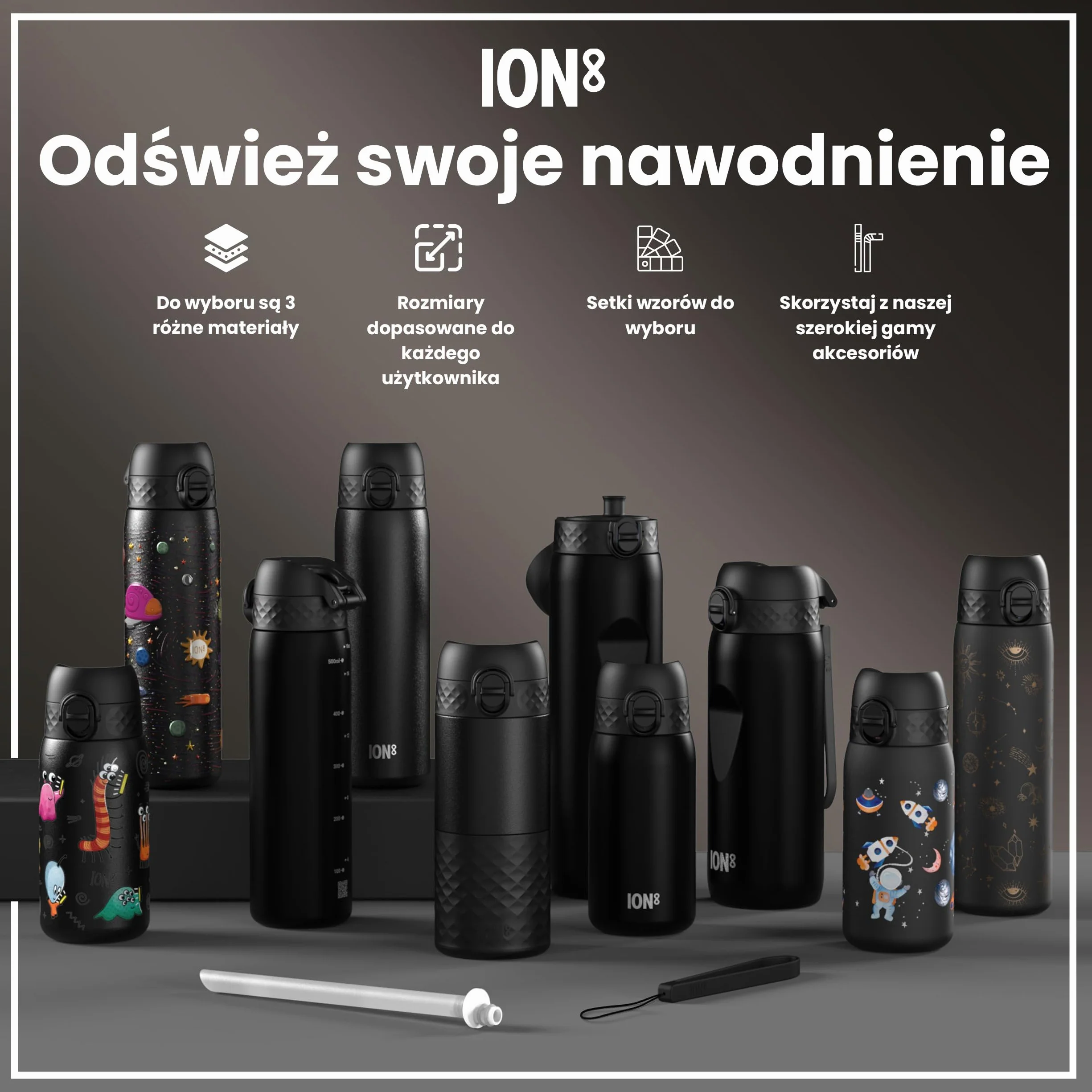 ION8 Butelka na Wodę, 500 ml/18 oz, Szczelna, Łatwe Otwieranie, Bezpieczny Zamek, Można Myć w Zmywarce, Bez BPA, Higieniczne Pokrycie, Uchwyt do Przenoszenia, Łatwa Czyszczenie, Bezwonny, Motyw Gracz
