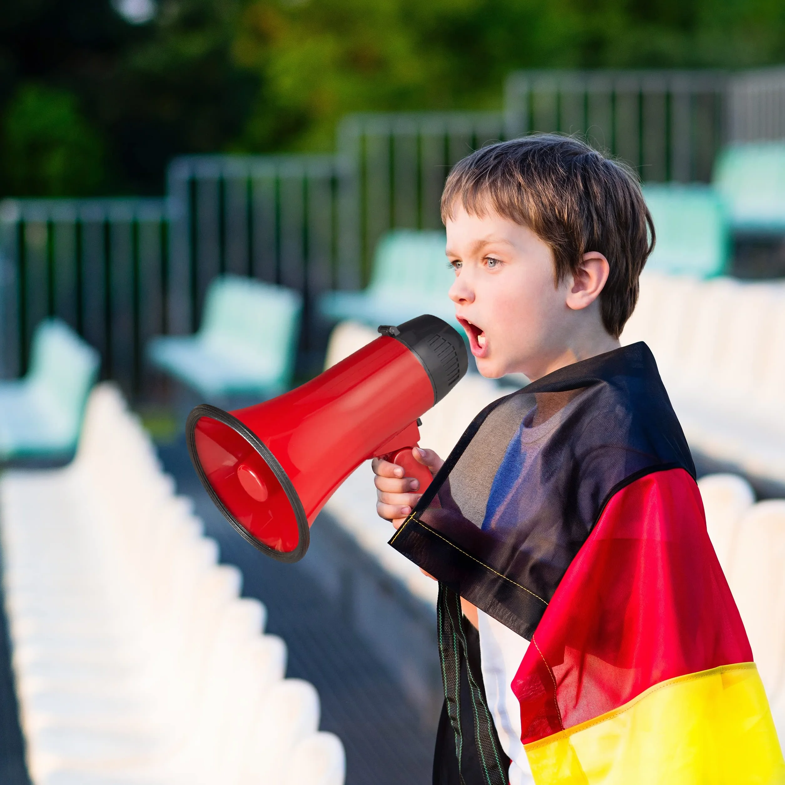Relaxdays 2 x Megafon Stadion, megafon z Ole Sound, Bullhorn ze składanym uchwytem i pętelką, tworzywo sztuczne, 10 W, czerwony