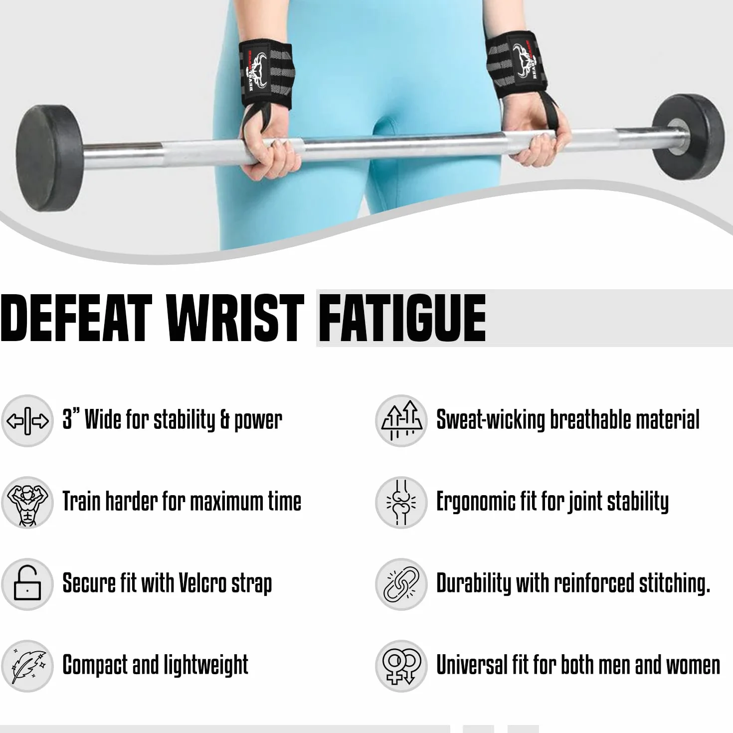 BEAST RAGE Opaski na nadgarstki do podnoszenia ciężarów, trening siłowy mięśni, trening fitness, rozciągliwy bawełniany pasek na kciuk (UX3, BLACK/GREY)