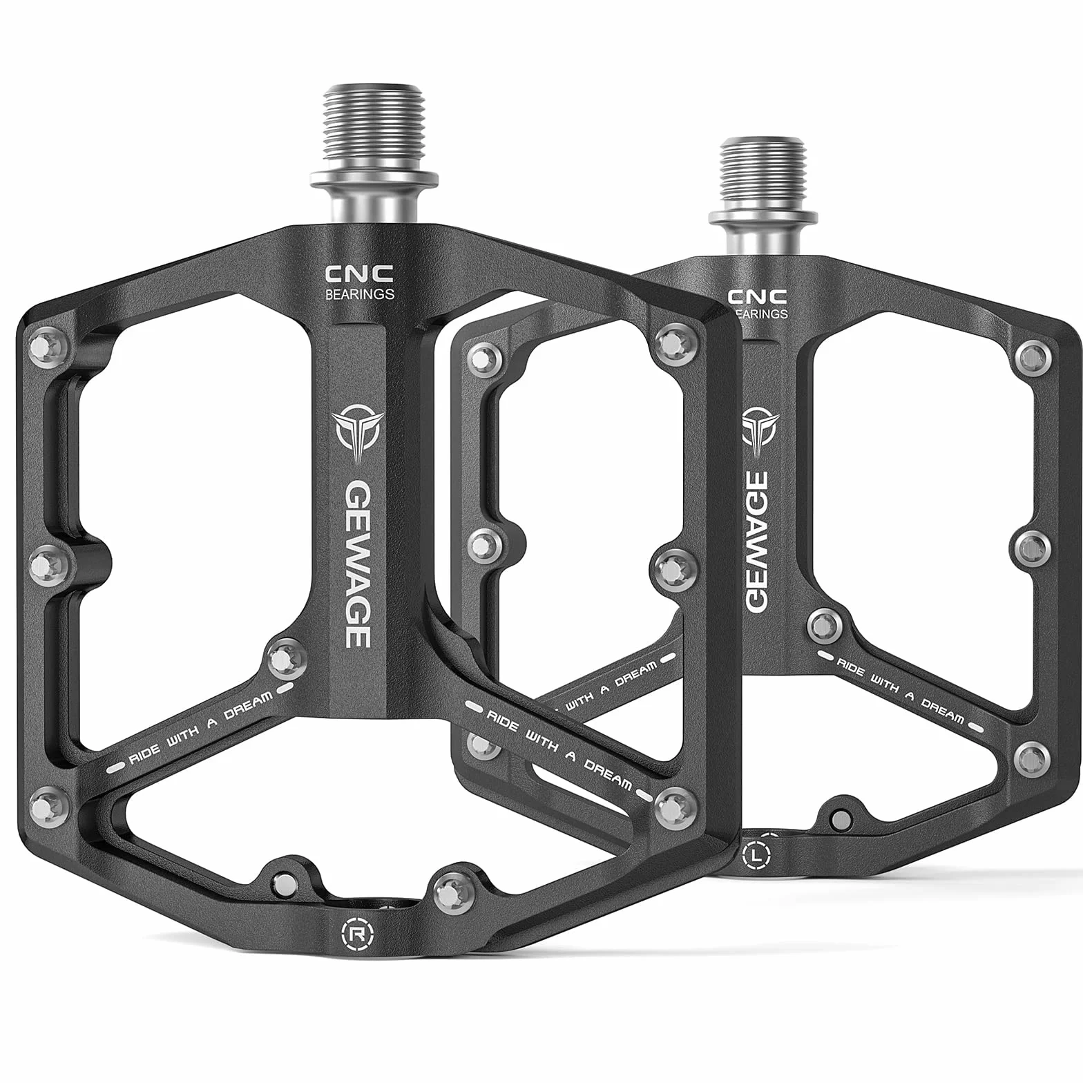 GEWAGE Pedały szosowe/górskie MTB – pedały rowerowe z 3 łożyskami – frezowane CNC płaskie pedały 9/16" z wymiennymi antypoślizgowymi pinami