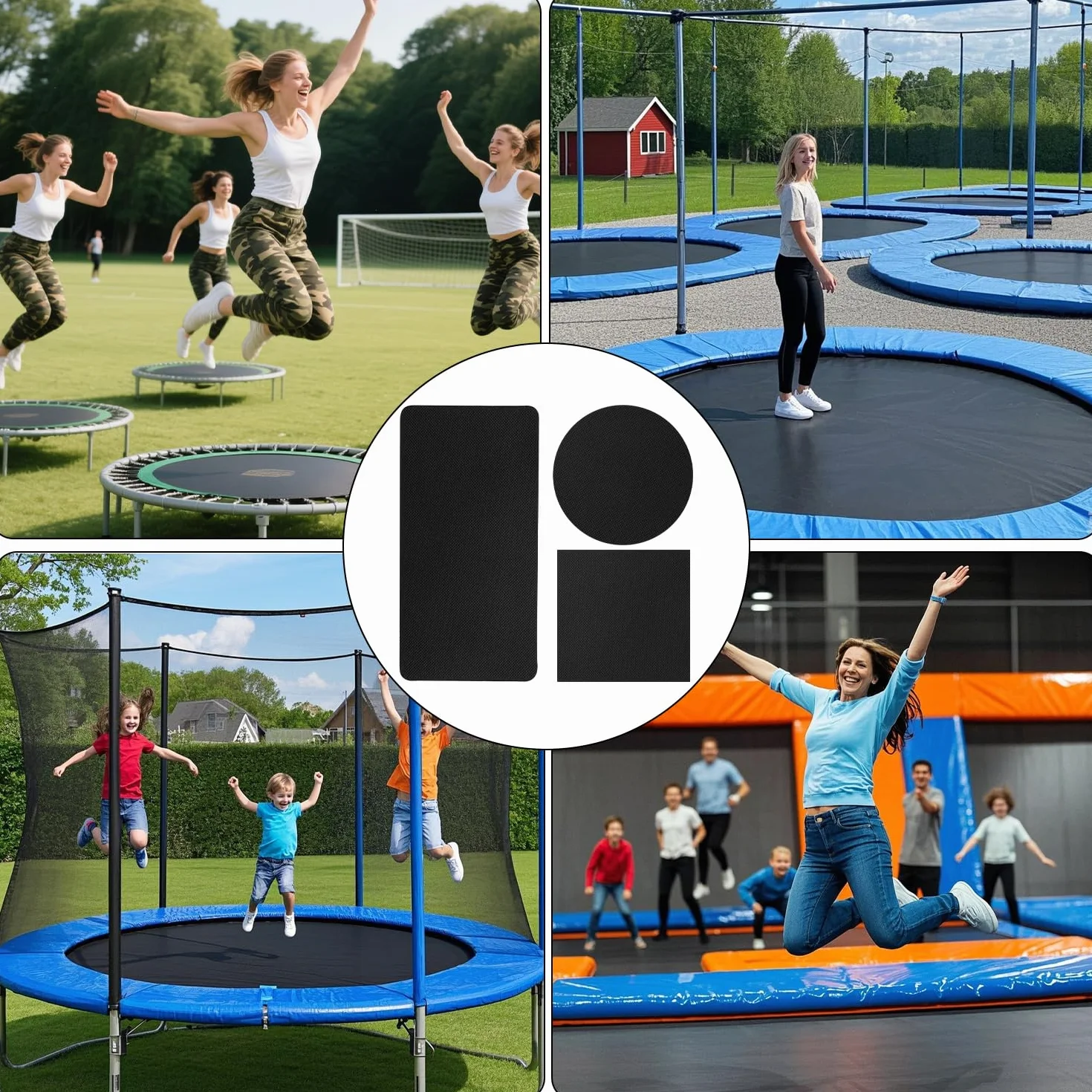 Tinoaly 6szt Samoprzylepny Zestaw Naprawczy do Trampoliny, 3 Kształty Łatek Akcesoria Taśmy Naprawczej Mat Trampolinowych do Naprawy Rozdarć Dziur Przebić w Matach Trampolinowych (Czarny)
