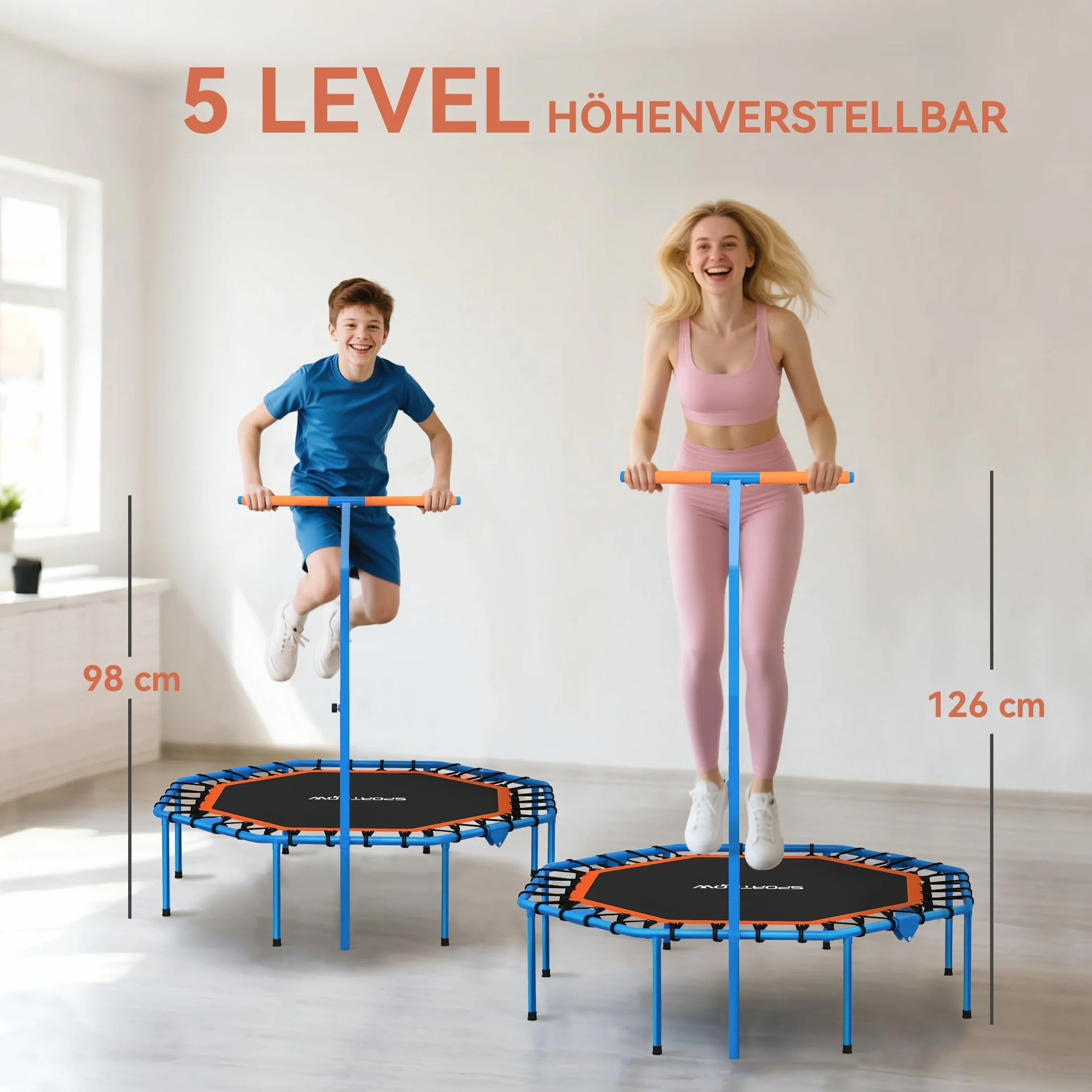 SPORTNOW Trampolina fitness, składana, Ø 128 cm, mini trampolina z 5-stopniową regulacją wysokości, cichą gumową linką, trampolina dla dorosłych, do użytku wewnątrz i na zewnątrz