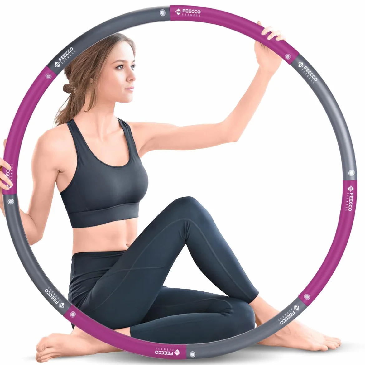 FEECCO Ważona obręcz fitness dla dorosłych, obręcz fitness 1–2,3 kg do odchudzania, 8 odpinanych sekcji, 1 kg, fioletowa/szara