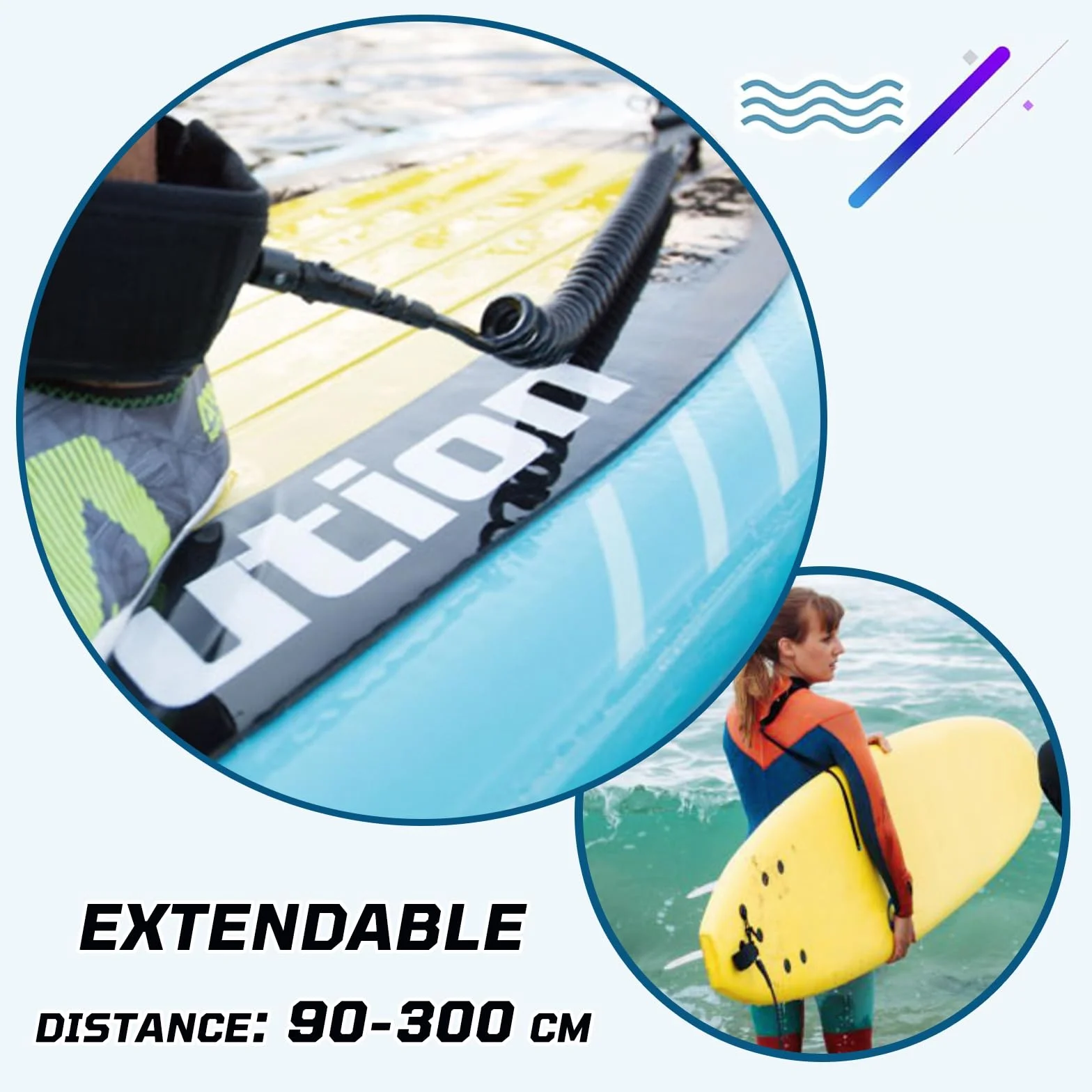 MAEXUS® SUP Leash, 7 mm SUP Leash deska surfingowa, pasek na stopę, pas bezpieczeństwa z szybkim zapięciem, do sportów wodnych, nadmuchiwana, deska surfingowa, regulowana 90-300 cm