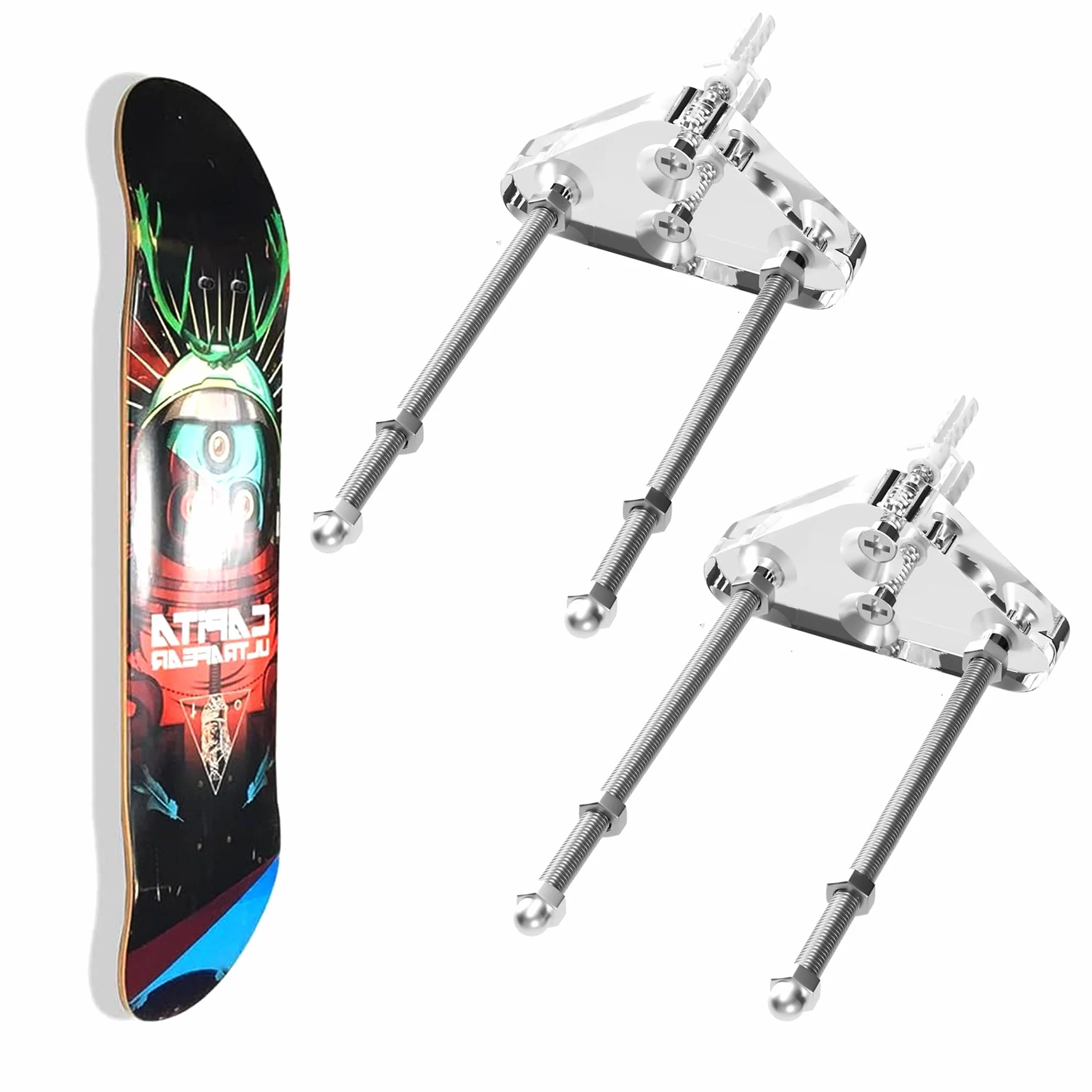 Uchwyt ścienny na deskorolkę, longboard, uchwyt ścienny, stojak na deskę snowboardową do salonu, garażu, na ścianę, deskorolkę, do przechowywania, akryl, 2 sztuki, przezroczysty