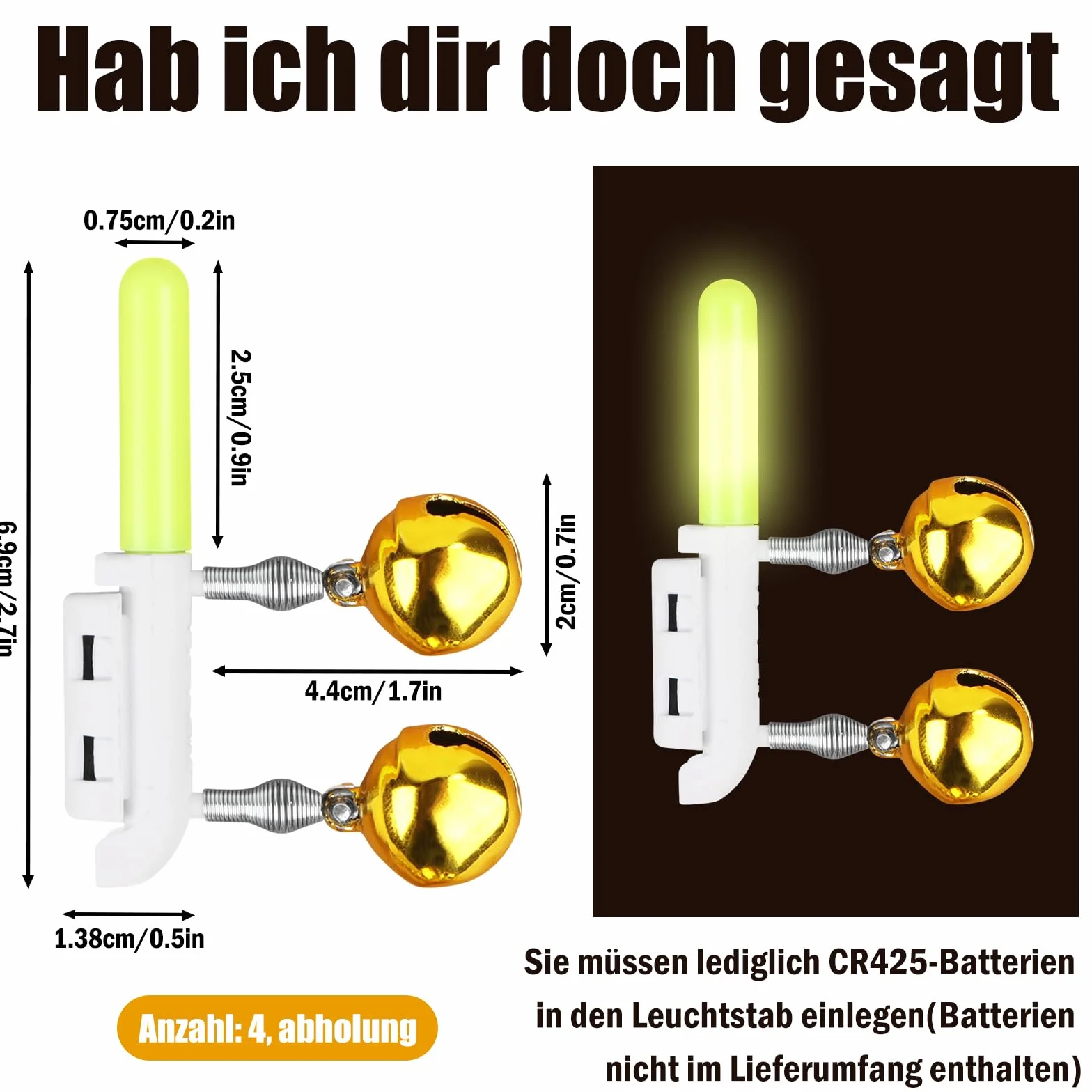 Jognee Świetliki wędkarskie | 4 sztuki dzwonków alarmowych | lampka nocna do wędkowania | fluorescencyjne pałeczki do wędkowania (uniwersalna bateria CR425/bez baterii)