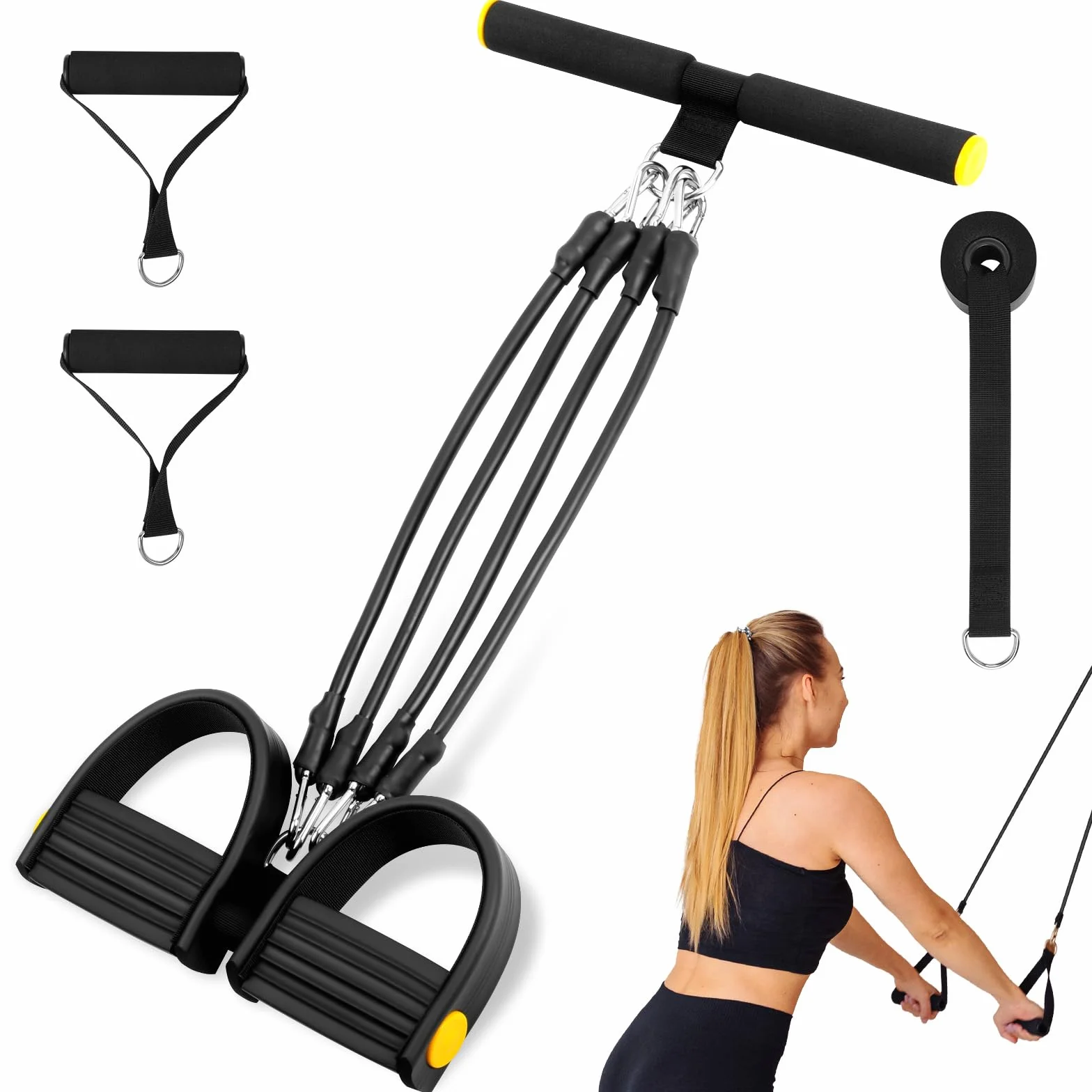 Flintronic Regulowany ekspander do klatki piersiowej, taśmy oporowe fitness z 3 strunami, regulowane taśmy oporowe z uchwytami, trener brzucha, wielofunkcyjny trener do domu, kolor czarny