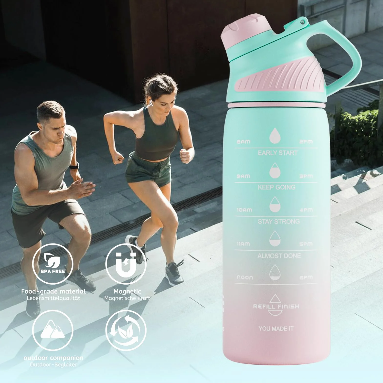 Fjbottle Butelka na wodę 1L/710 ml - motywacyjny plastik z pokrywką magnetyczną do studia fitness, szkoły, jazdy na rowerze i sportu, bez wycieków i bez BPA